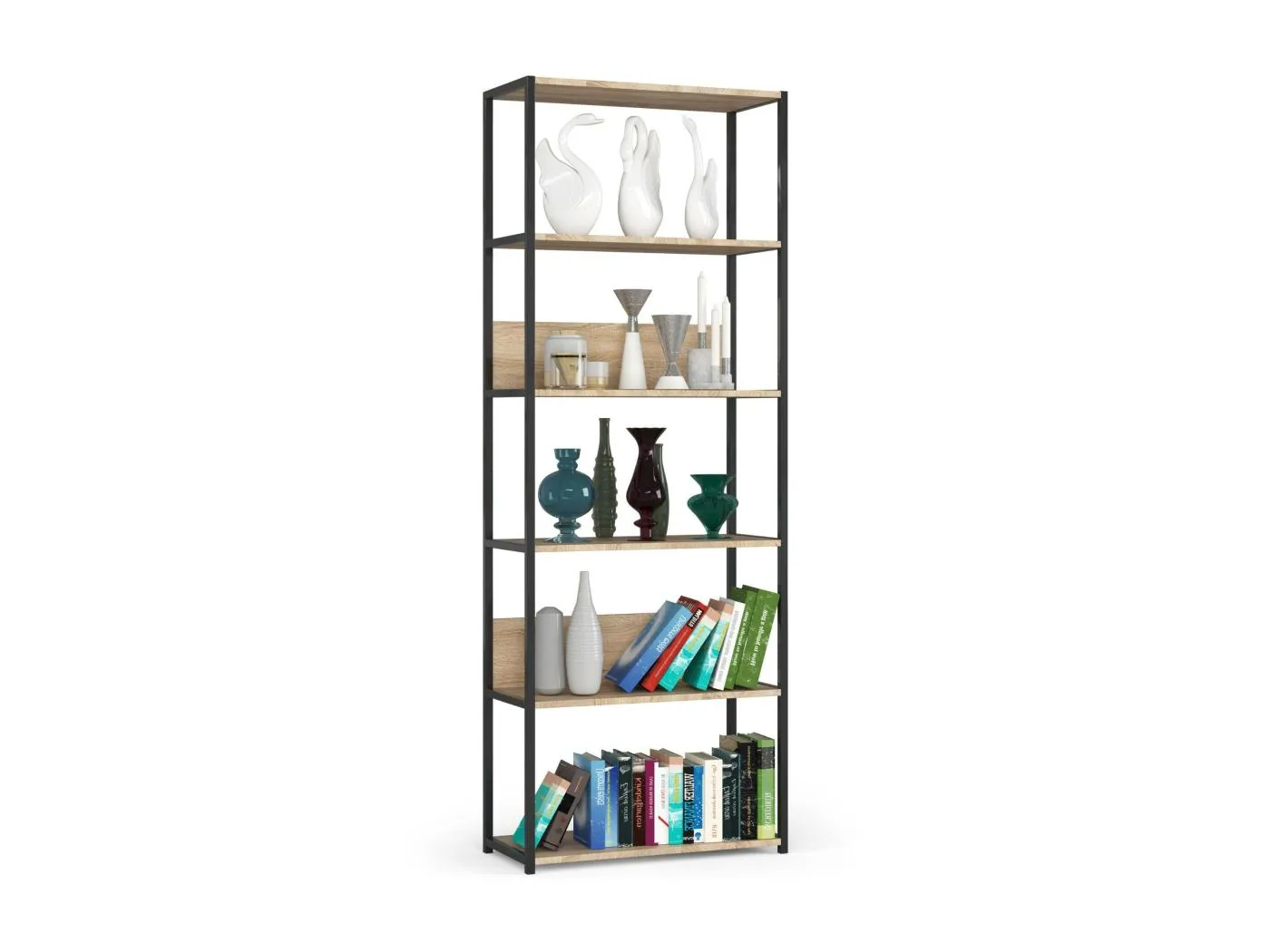 Bücherregal AKORD Metallregal mit Ebenen aus Holzwerkstoff Schwarz Breite 70 cm 6 Ebenen Sonoma-Eiche B70 x H192 x T32 cm