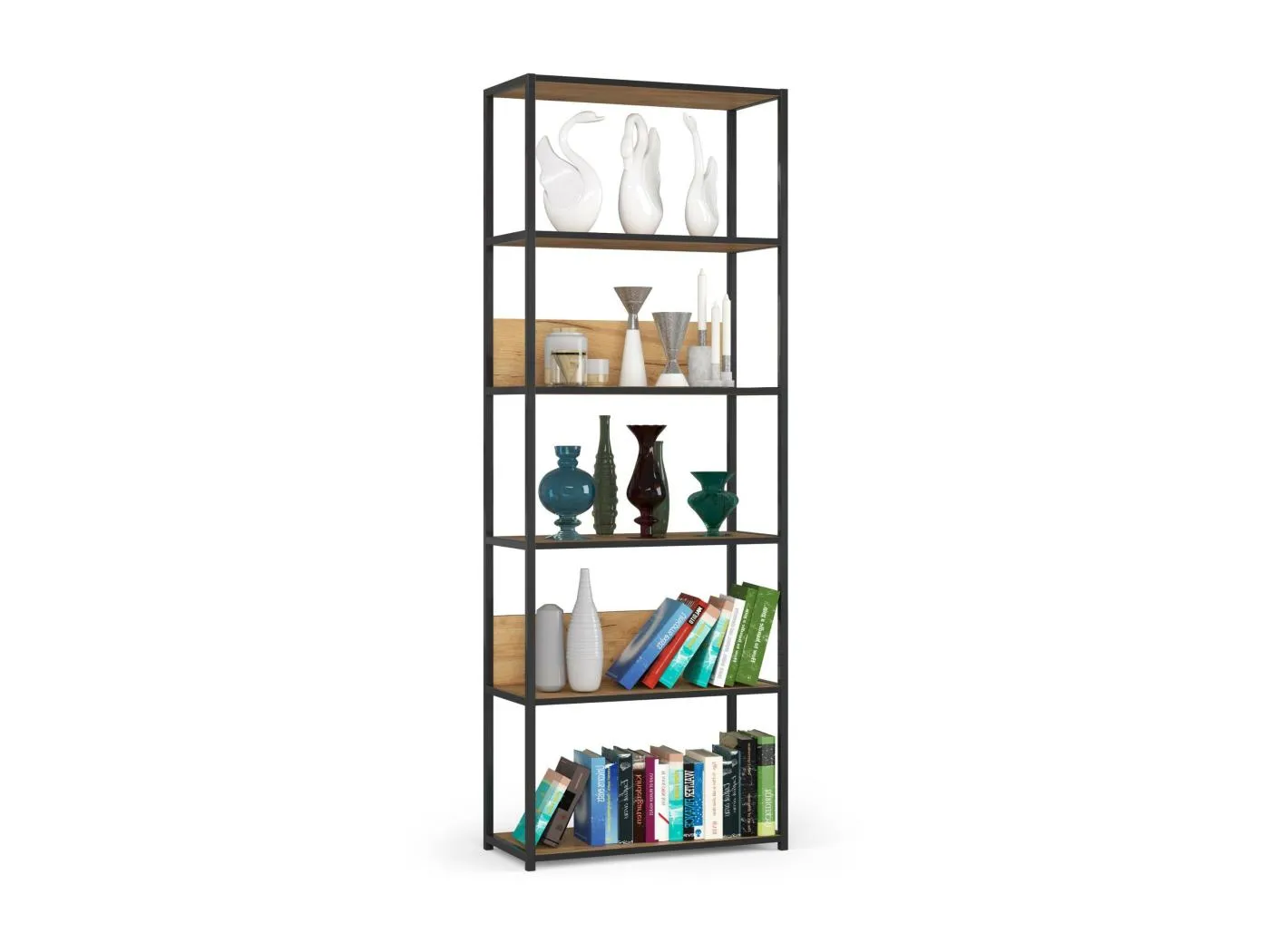 Bücherregal AKORD Metallregal mit Ebenen aus Holzwerkstoff Schwarz Breite 70 cm 6 Ebenen Eiche Craft B70 x H192 x T32 cm