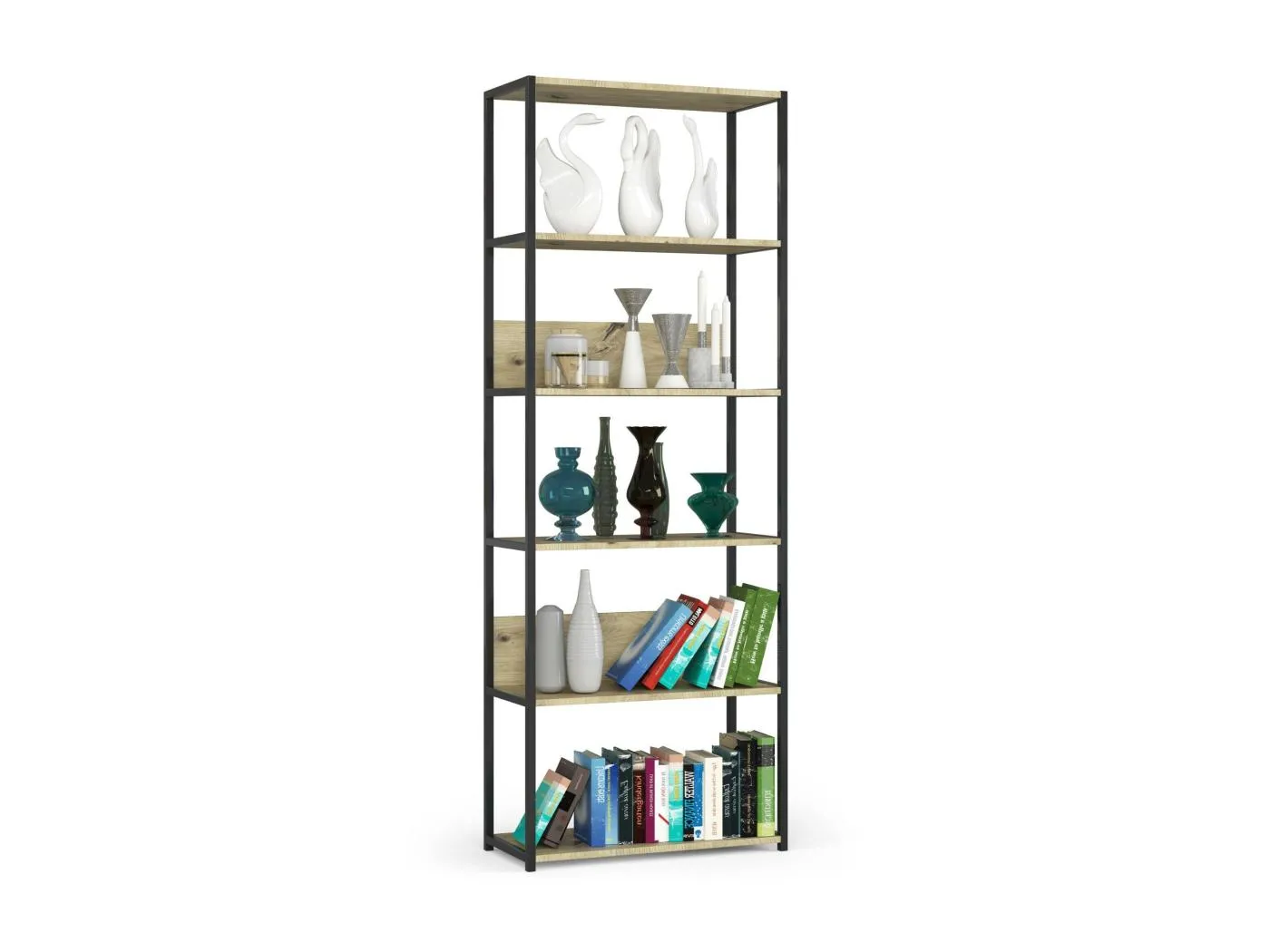 Bücherregal AKORD Metallregal mit Ebenen aus Holzwerkstoff Schwarz Breite 70 cm 6 Ebenen Eiche Artisan B70 x H192 x T32 cm