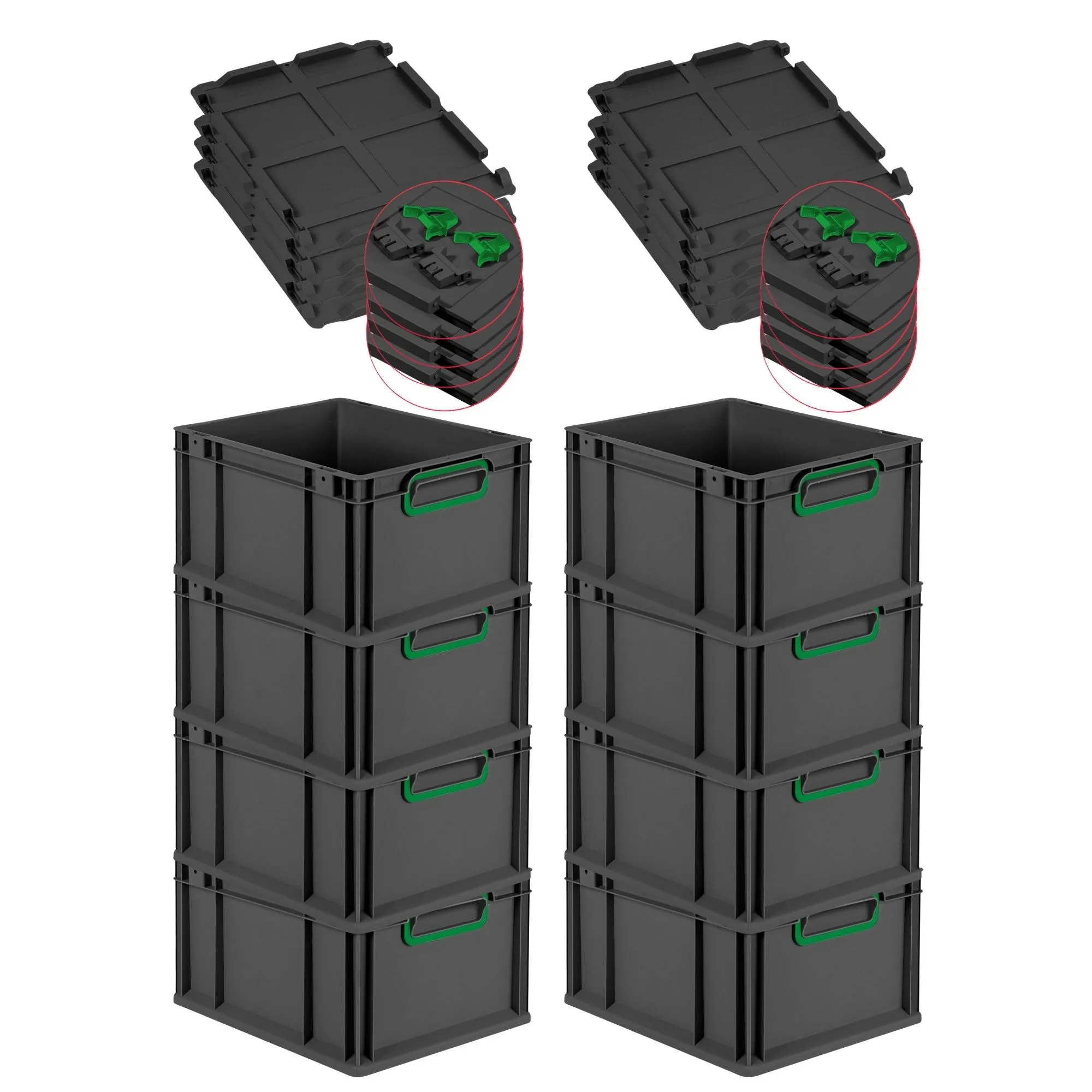 SuperSparSet 8x Eurobox NextGen Color mit Scharnierdeckel und Schiebeschnappverschlüssen | HxBxT 22x30x40cm | 20 Liter | Schwarz | Griffe grün geschlossen | Eurobehälter, Transportbox, Transportbehälter, Stapelbehälter