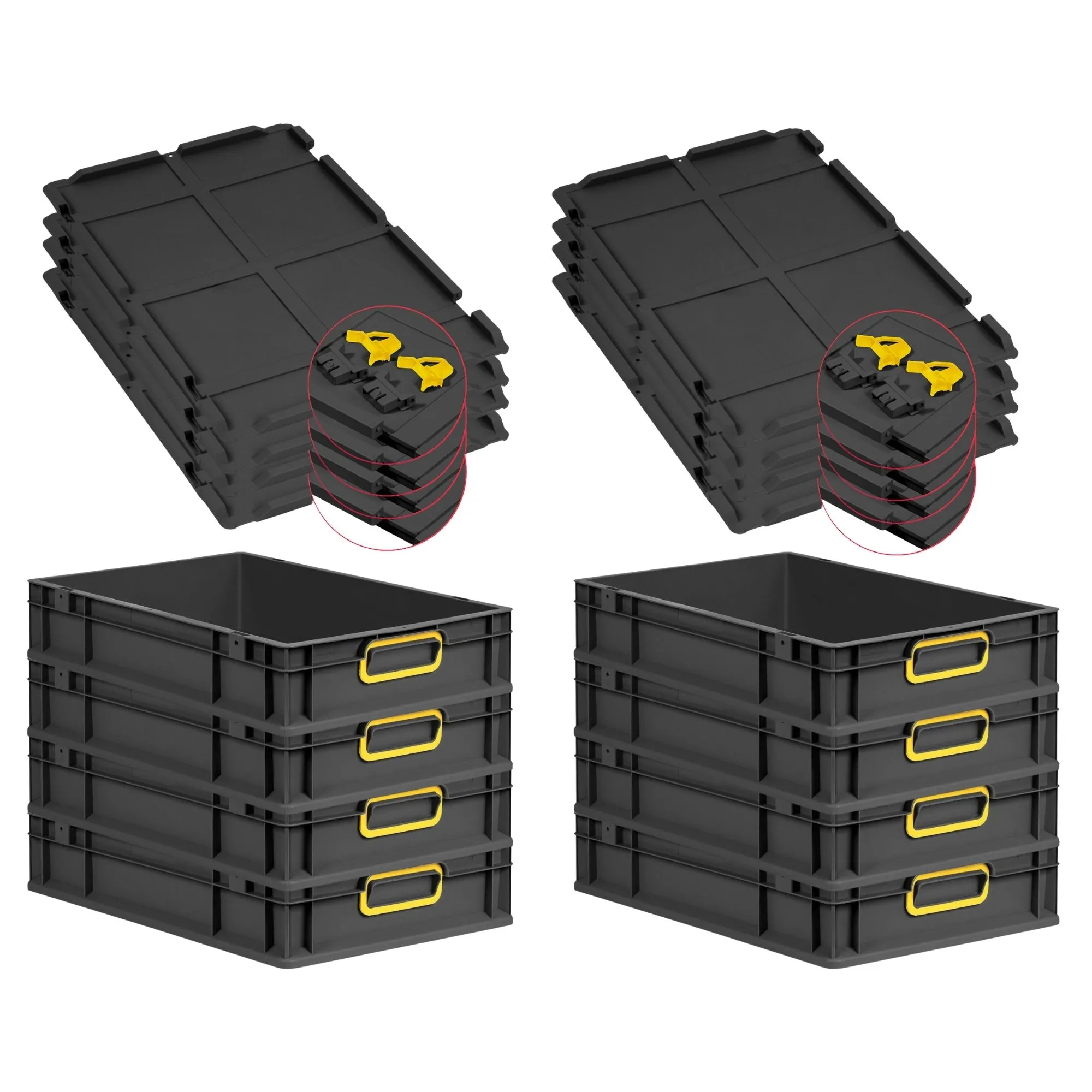 SuperSparSet 8x Eurobox NextGen Color mit Scharnierdeckel und Schiebeschnappverschlüssen | HxBxT 12x40x60cm | 23 Liter | Schwarz | Griffe gelb geschlossen | Eurobehälter, Transportbox, Transportbehälter, Stapelbehälter