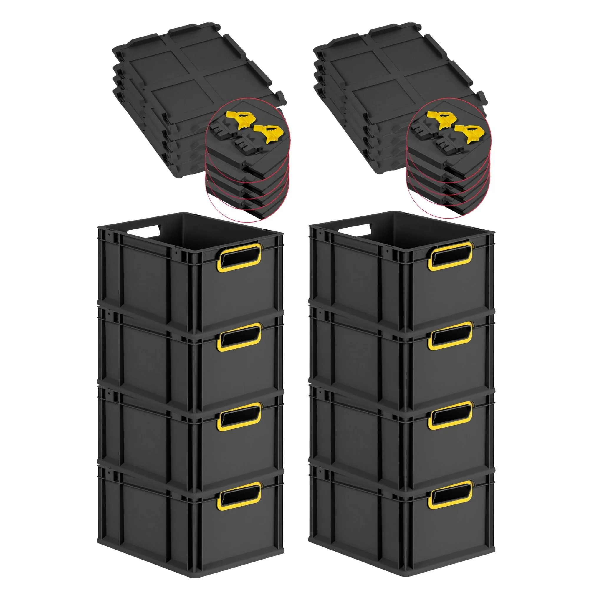 SuperSparSet 8x Eurobox NextGen Color mit Scharnierdeckel und Schiebeschnappverschlüssen | HxBxT 22x30x40cm | 20 Liter | Schwarz | Griffe gelb offen | Eurobehälter, Transportbox, Transportbehälter, Stapelbehälter
