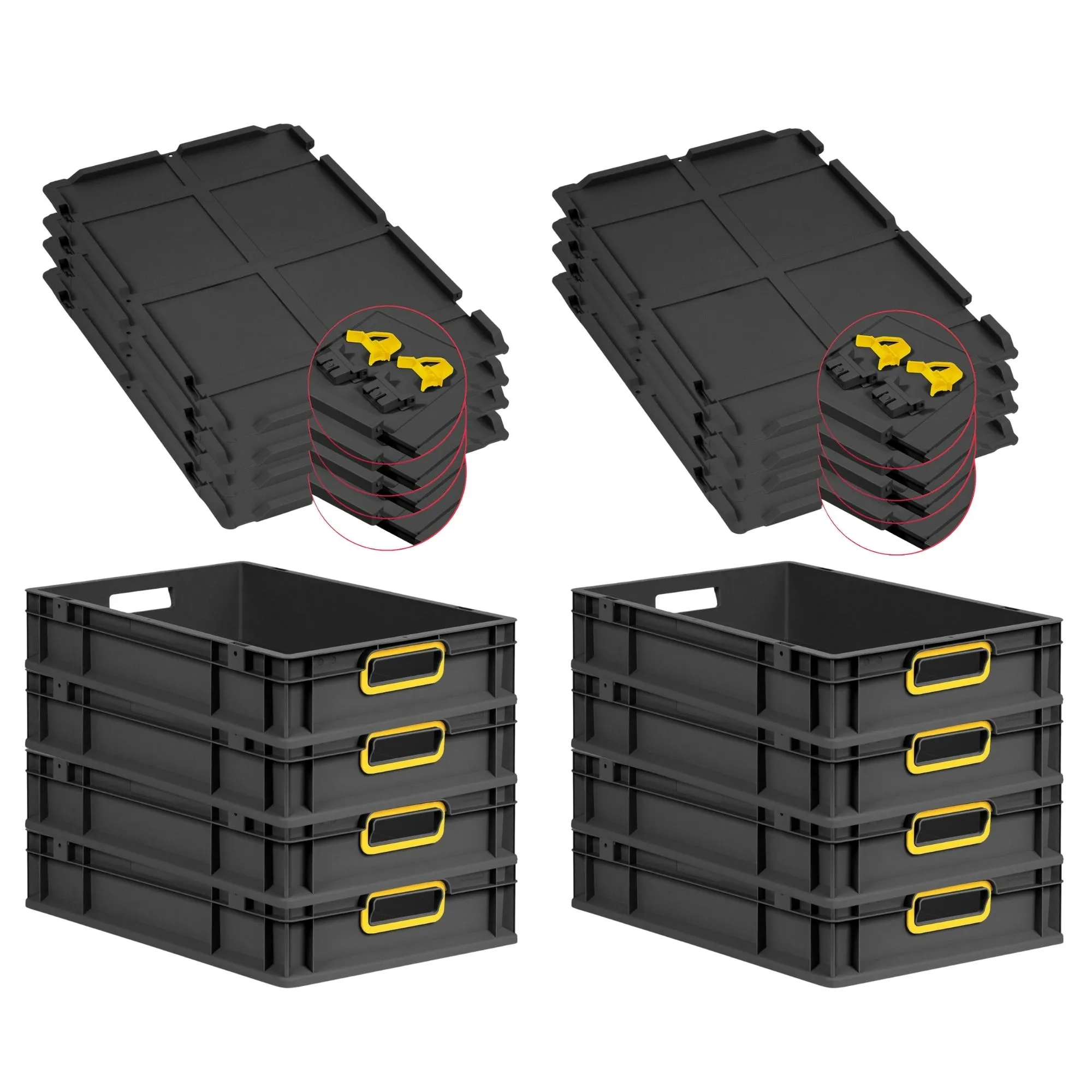 SuperSparSet 8x Eurobox NextGen Color mit Scharnierdeckel und Schiebeschnappverschlüssen | HxBxT 12x40x60cm | 23 Liter | Schwarz | Griffe gelb offen | Eurobehälter, Transportbox, Transportbehälter, Stapelbehälter