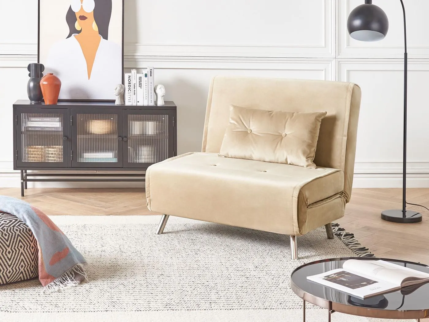 1-Sitzer Schlafsofa FARRIS Samtstoff Sandbeige