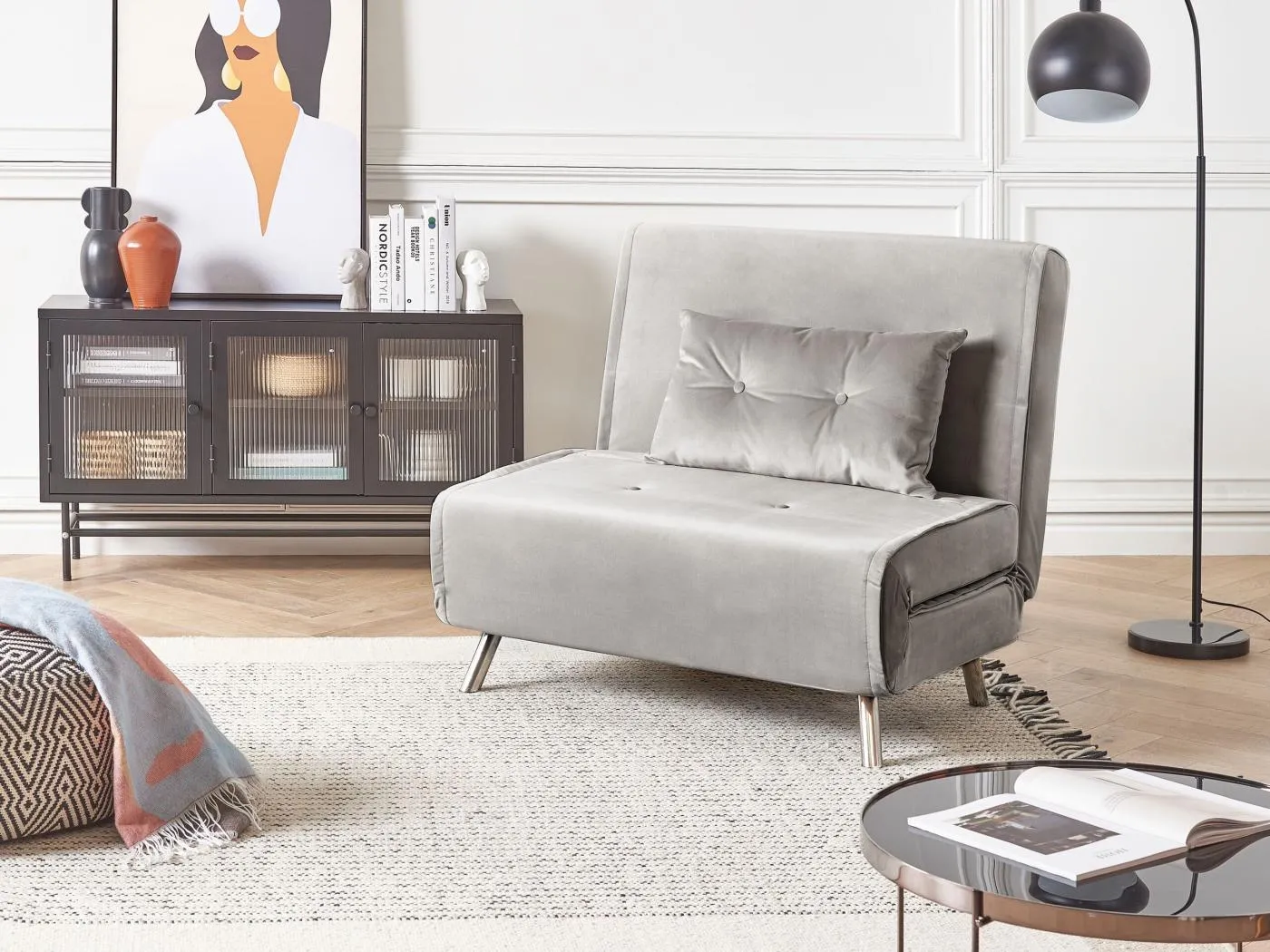 1-Sitzer Schlafsofa FARRIS Samtstoff Hellgrau