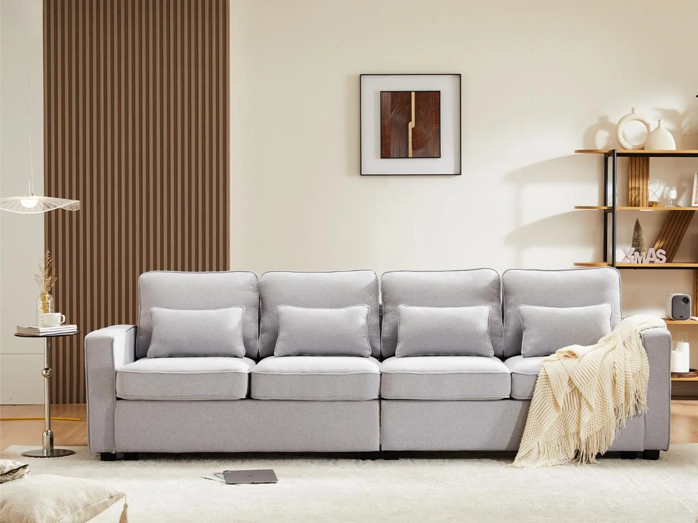 Festes 4-Sitzer-Sofa aus Leinenstoff – mit Taschen an den Seiten – Hellgrau