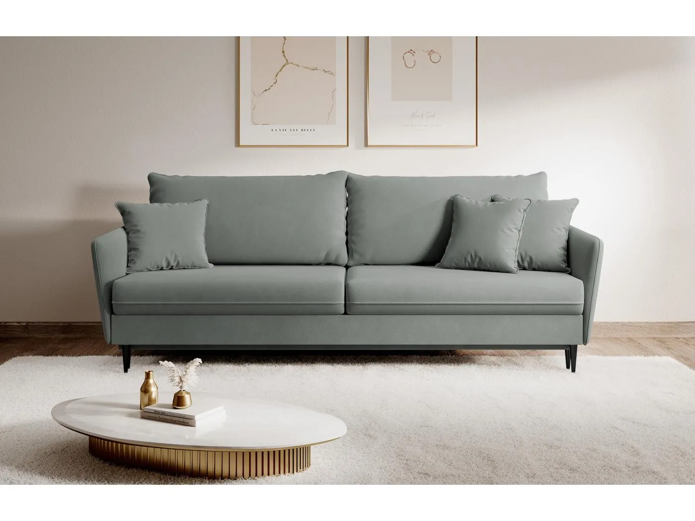 3-Sitzer Schlafsofa - Schlafcouch Volio Bettkasten grau hydrophober Samt mit schwarzen Beinen - VOLIO