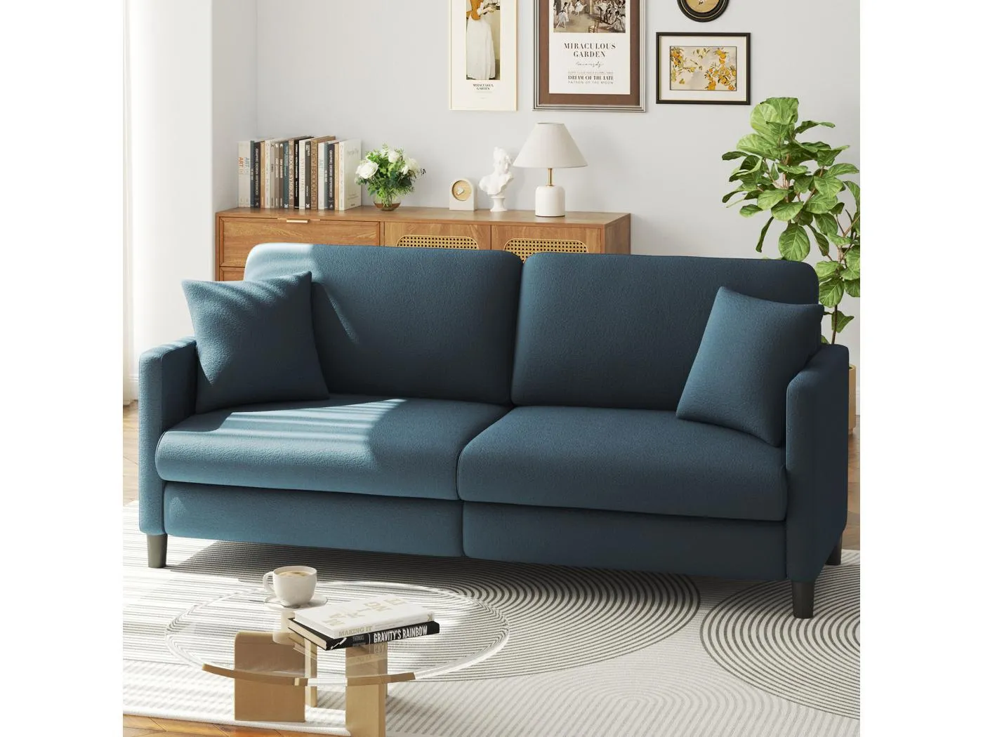 3-Sitzer-Sofa in Teddy Velvet, rechter Komfortsofa in Massivholz, Liebesseat mit Armlehnen, 193x79x89cm, Blau-Grau