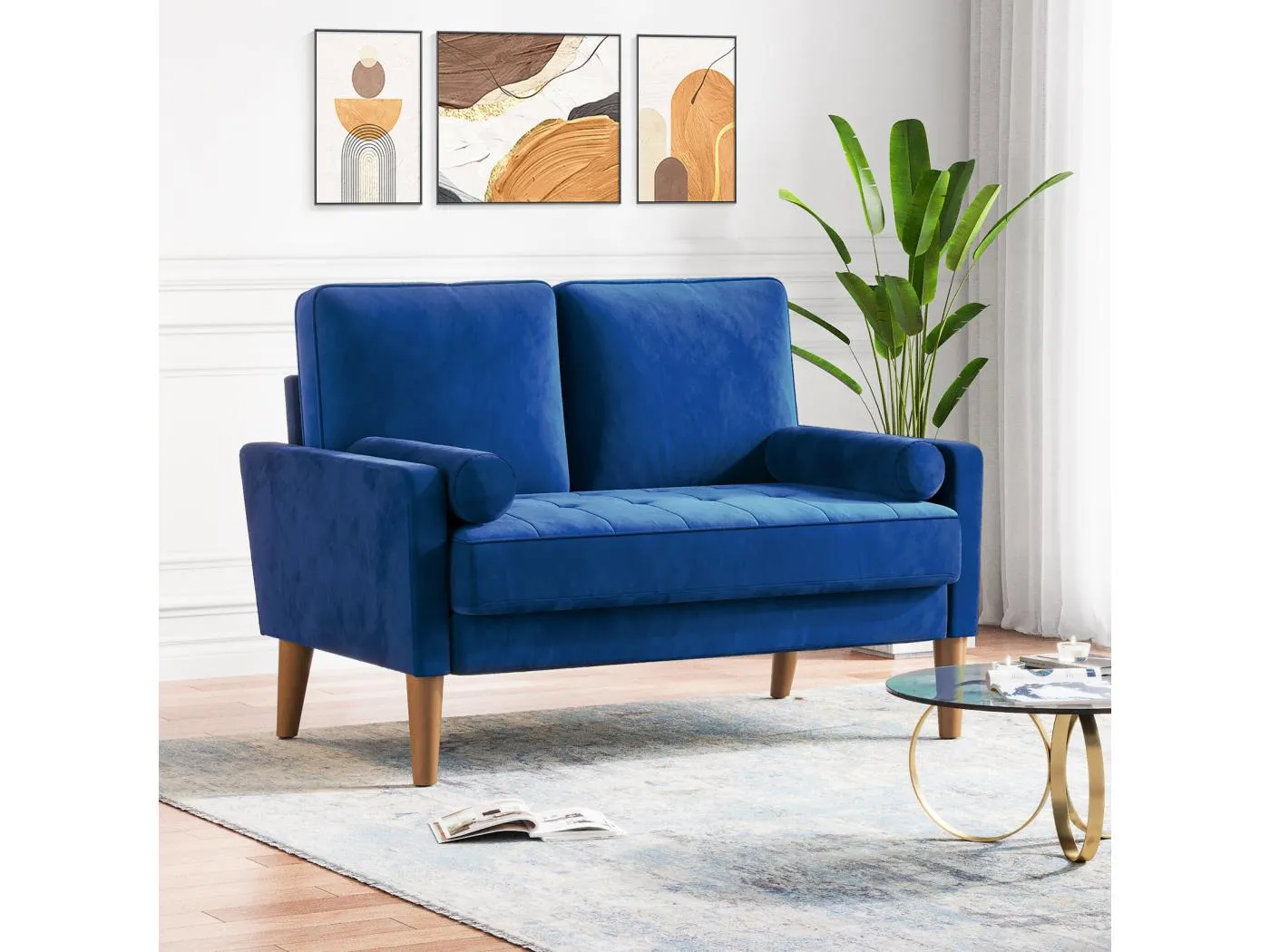 Sofa mit 2 skandinavischen 2 Sitzen, Mini -Sessel -Sofa in Loveseat Samt, Wohnzimmer Sessel mit Armlehnen, 121x77x87cm - Blau