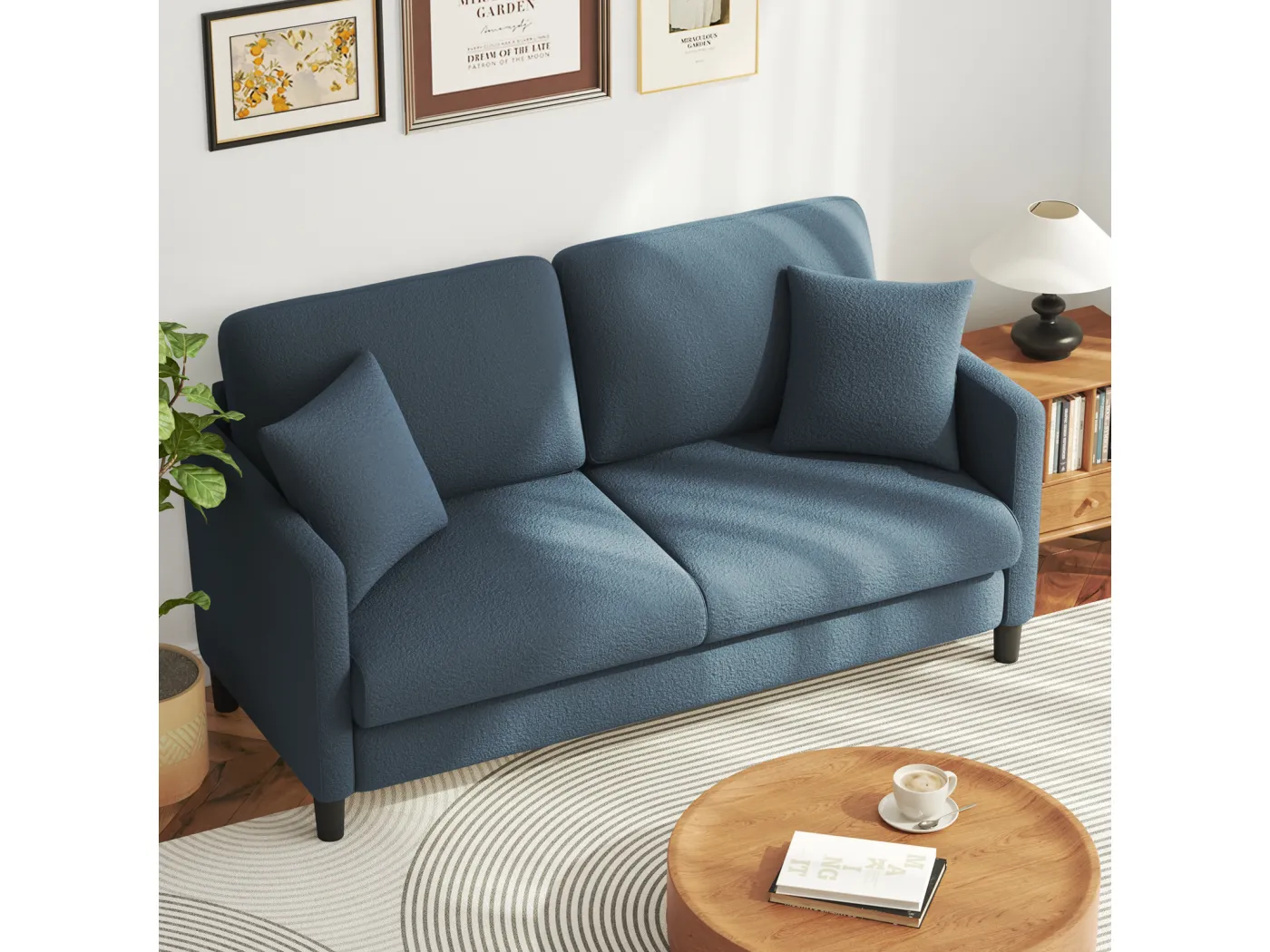 2/3 Sitze in Teddy Velvet, rechter Komfortsofa in Massivholz, Liebesseat mit Armlehnen, 165x78x89cm, Blau-Grau