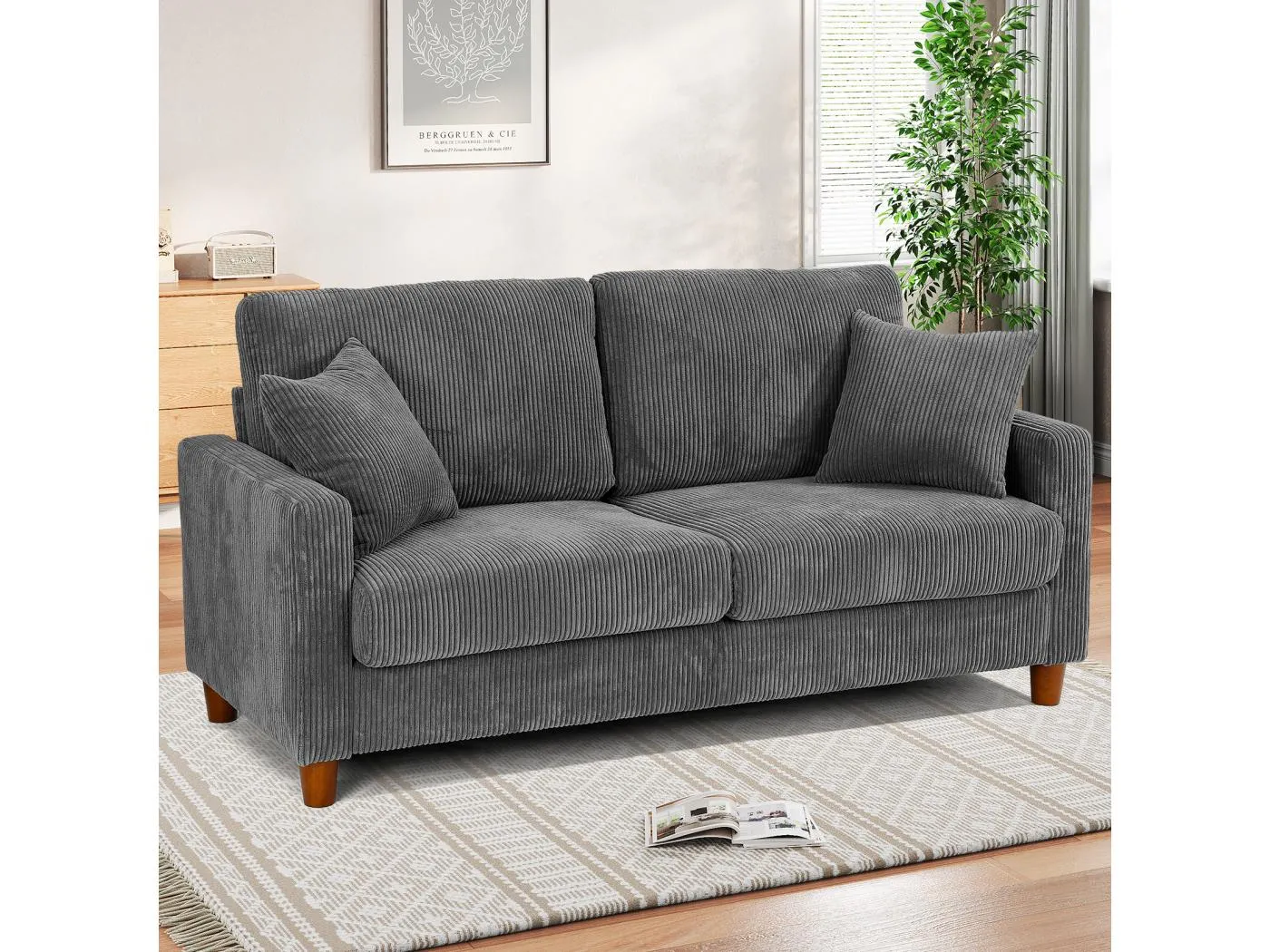 2 -seerer gerippter Samtsofa, großes modernes gepolstertes rechtes Sofa mit extra tiefen 56 cm -Sitzen - 2 Kissen - 178x76x89cm - Grau