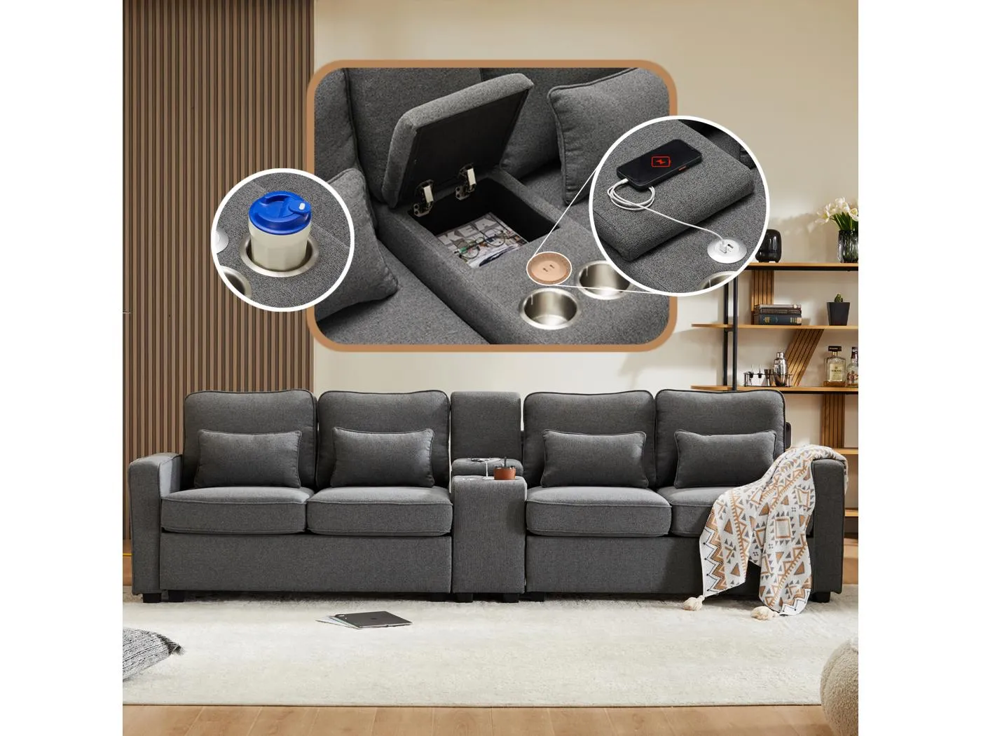 4-Sitzer-Sofa – 290 x 83 x 88 cm – mit 2 Getränkehaltern, 2 USB-Anschlüssen, 2 Taschen und 4 Kissen – Leinenstoff – Dunkelgrau