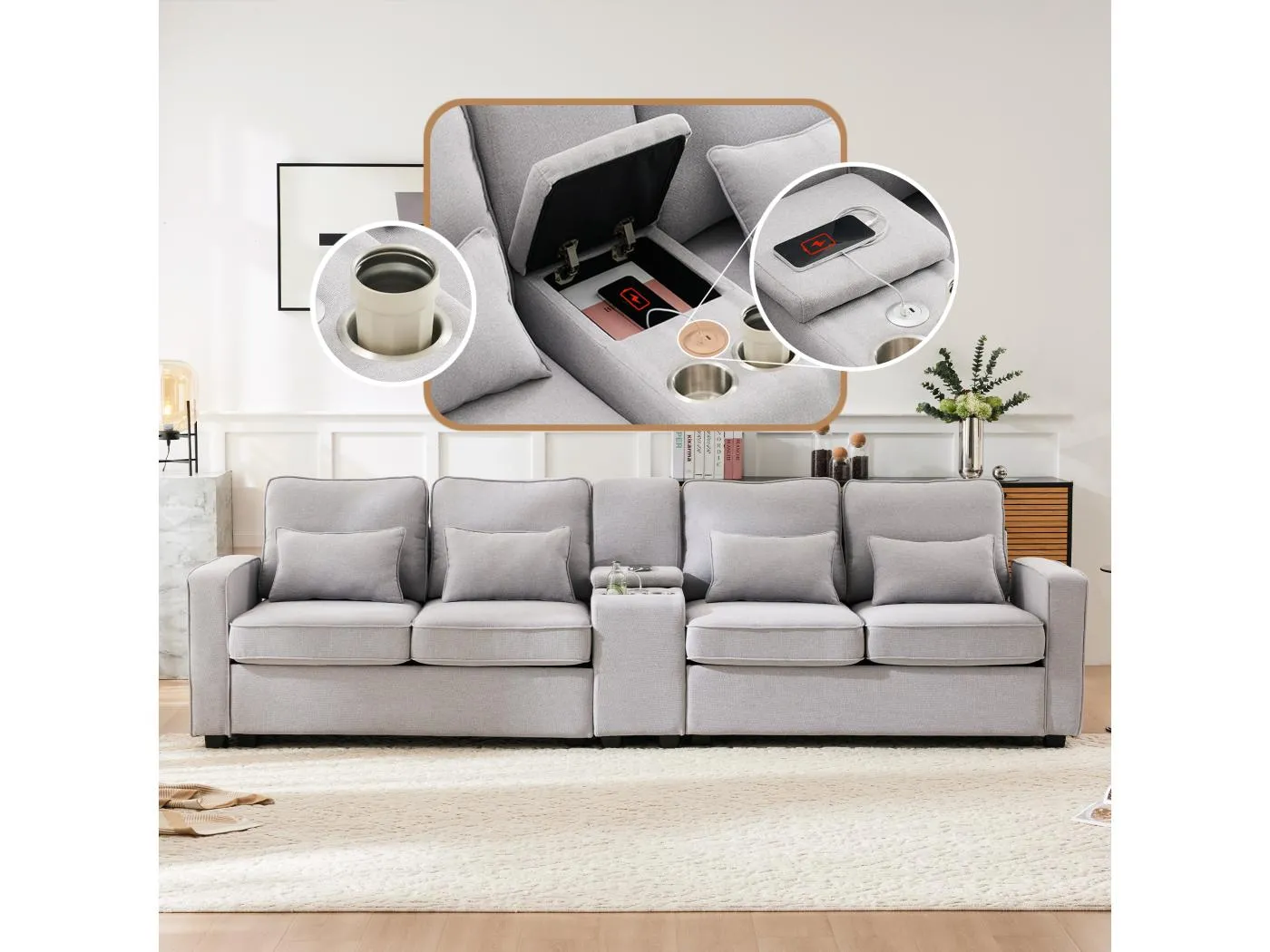 4-Sitzer-Sofa – 290 x 83 x 88 cm – mit 2 Getränkehaltern, 2 USB-Anschlüssen, 2 Taschen und 4 Kissen – Leinenstoff – Grau