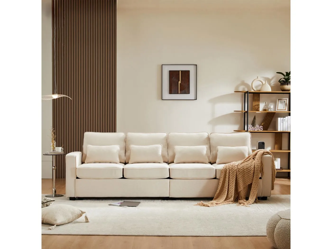Modernes 4-Sitzer-Sofa mit 4 Kissen – 264 x 83 x 87 cm – Leinenstoff – Beige