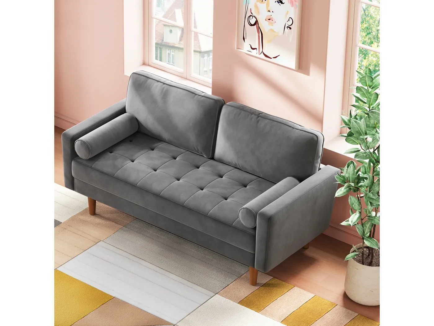 Modernes 2 -Seterer grauer Samtsofa, gepolsterte Armlehnen, massives Holz, weiches Holz, 143x77x86cm