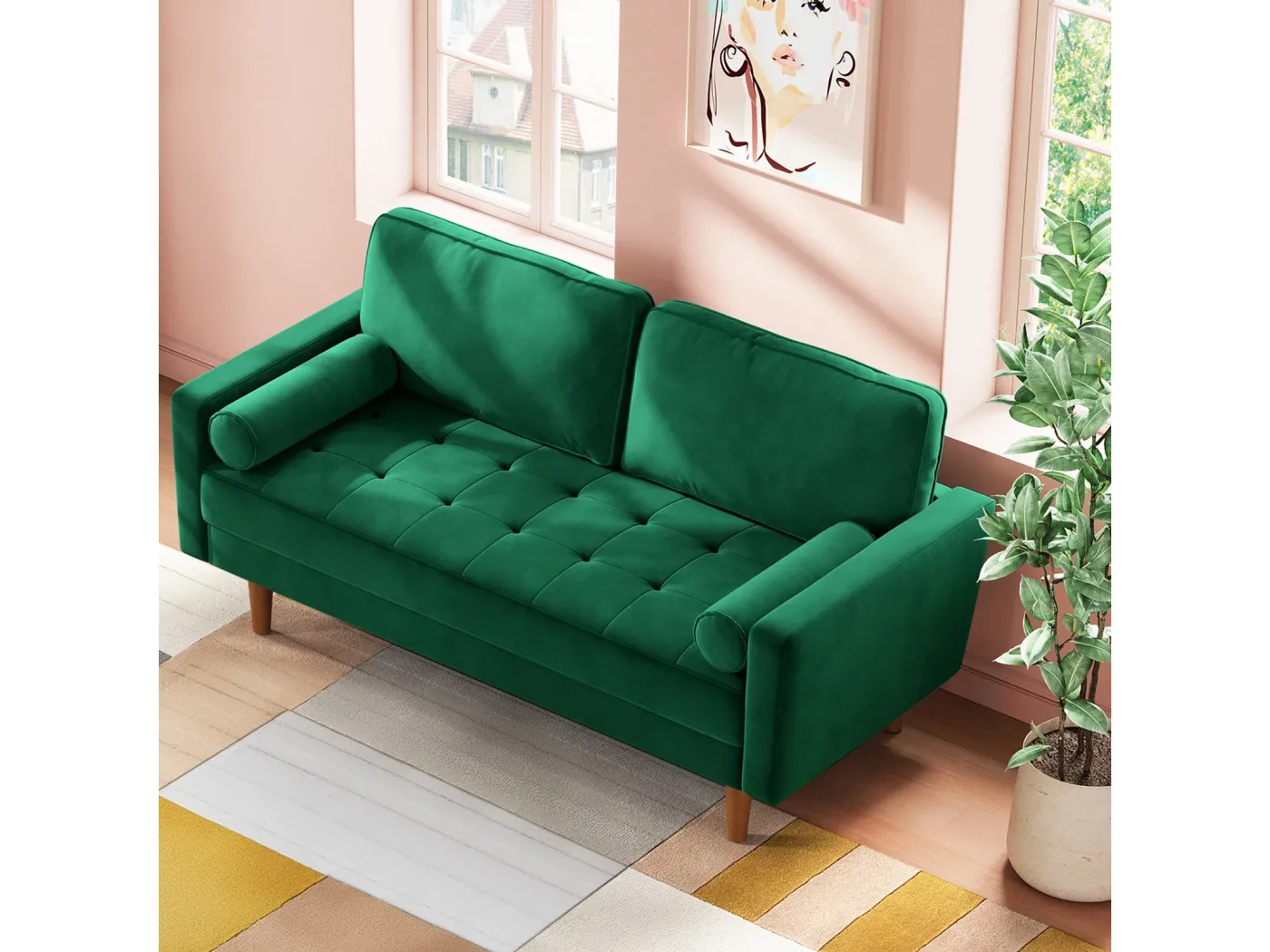 Moderne 2 -Seter -Grünen Samtsofa, gepolsterte Armlehnen, massives Holz, weiches Holz, 143x77x86cm