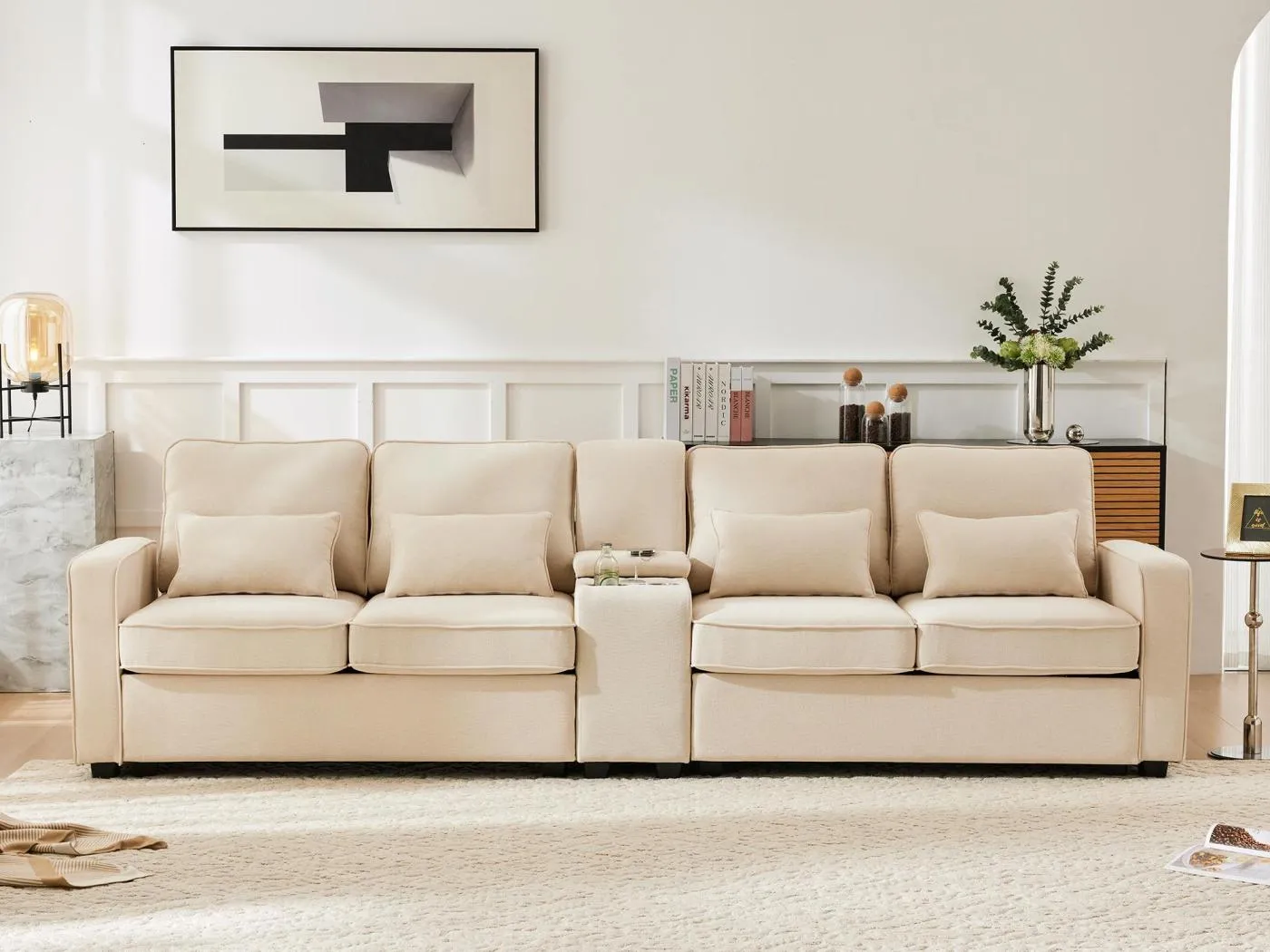 Modernes 4-Sitzer-Sofa aus Leinenstoff – mit USB-Anschlüssen und 2 Getränkehaltern – Beige