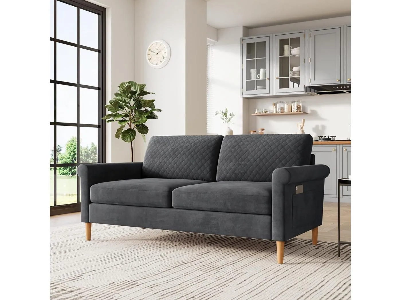 2 -seerer -Sofa mit tiefem Samtsitz, Holzfüße, 164x76x85 cm, grau