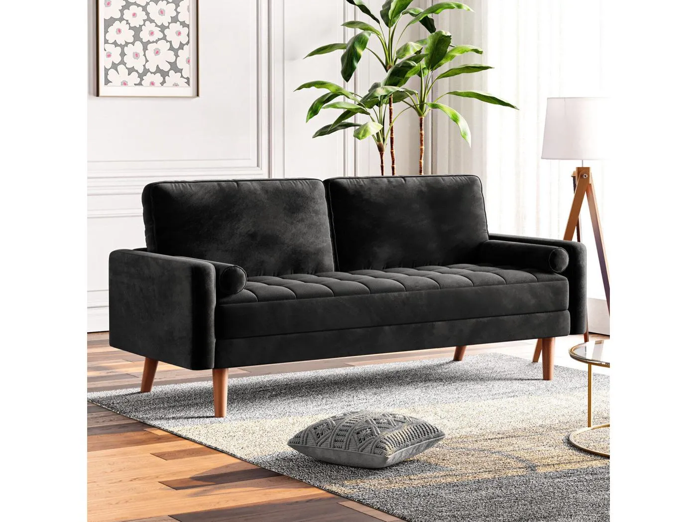 2 -seerer -Sofa - mit 2 Kissen - in Samt - Holzfüße - für Schlafzimmer, Wohnzimmer - 142x76x69cm - Schwarz