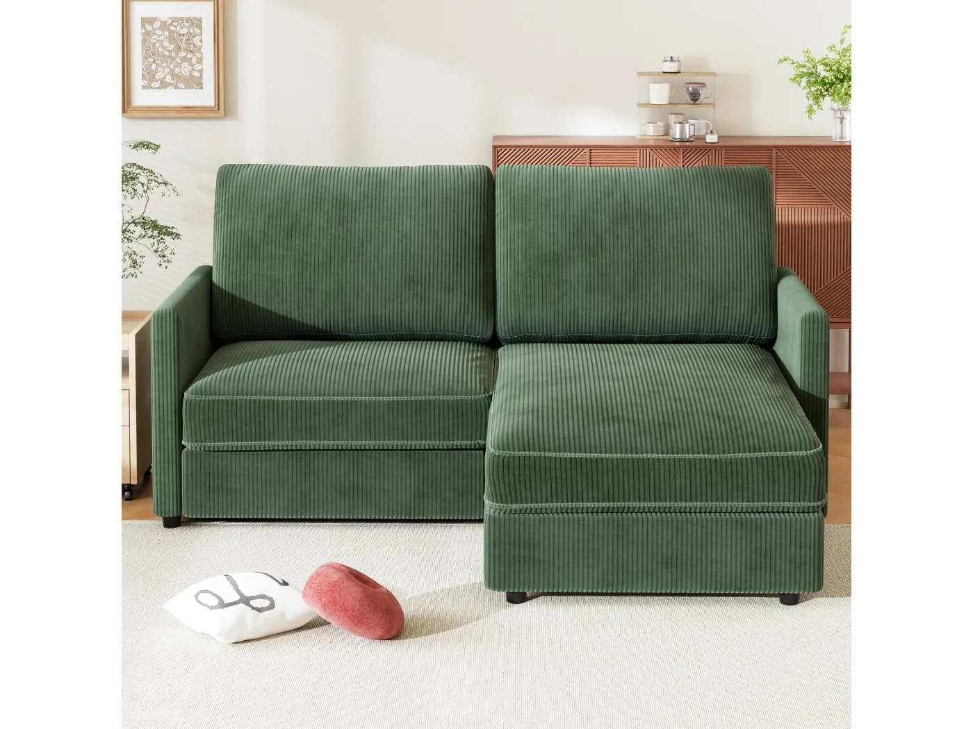 2 -Seer Ecksofa - Reversible Right / Linkswinkel - 180 x 140 x 86 cm - in geripptem Samtstoff - max. 300 kg Last - Grün