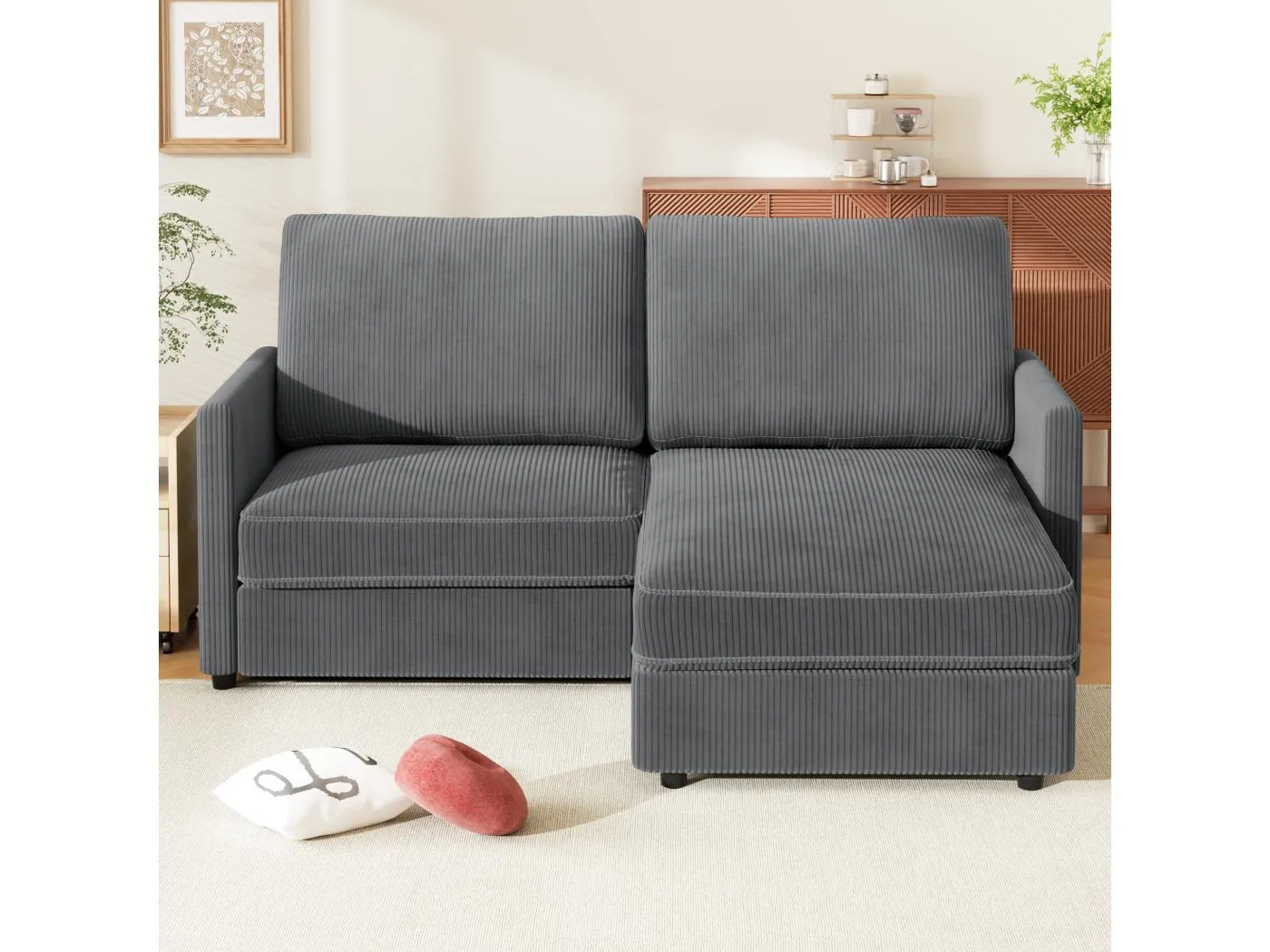 2 -Seer Ecksofa - Reversible Right / Linkswinkel - 180 x 140 x 86 cm - in geripptem Samtstoff - max. 300 kg Last - Anthrazitgrau
