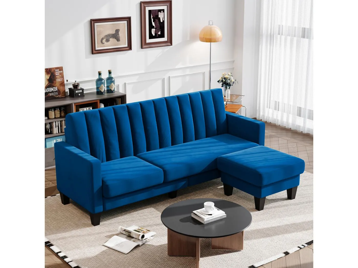 Reversible 3/4 -Setzer -Ecksofa in blauem Stoff - Meridian oder Pouf - vertikale Streifen - 208x76x85 cm