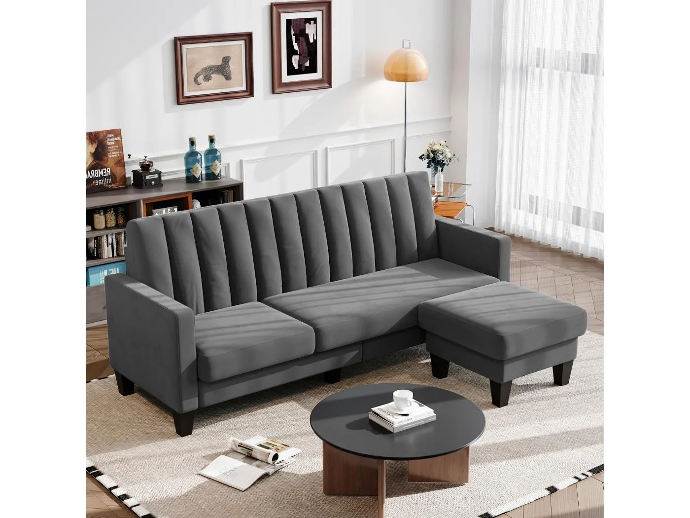 Reversible 3/4 -Setzer -Ecksofa in grauem Stoff - Meridian oder Pouf - Vertikale Streifen - 208x76x85 cm