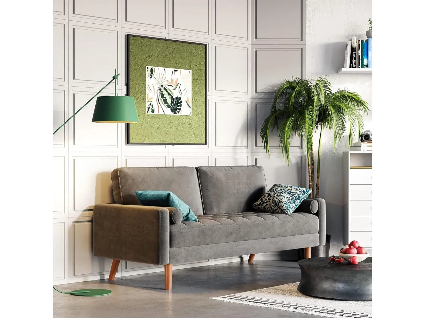 2 -seerer grauer Samtsofa, Mini -Schlafzimmersofa, mit sich verjüngten Armlehnen und Füßen, einem unteren Rücken - 148,5 x 78 x 85 cm