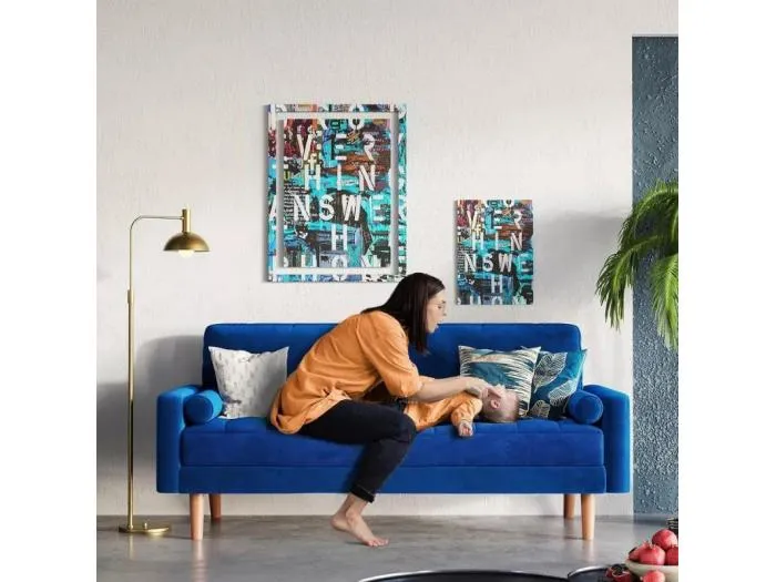 2 -seat blaues Samtsofa, Mini -Schlafzimmersofa mit Armlehnen, sich verjüngte Holzfüße, Sofa eine niedrige Rückenlehne festgelegt