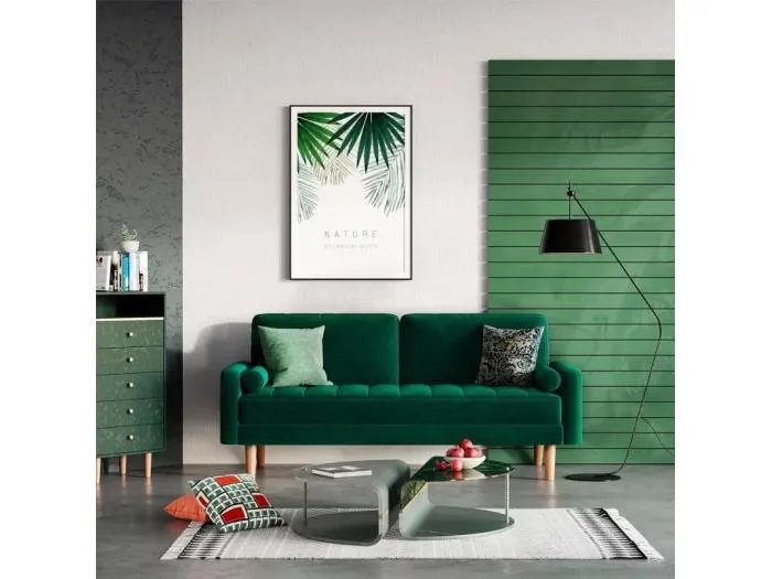 2 -seerer -Sofa im grünen Samt, modernes Wohnzimmersofa, mit sich verjüngten Armlehnen und Füßen, einem unteren Rücken - 148,5 x 78 x 85 cm