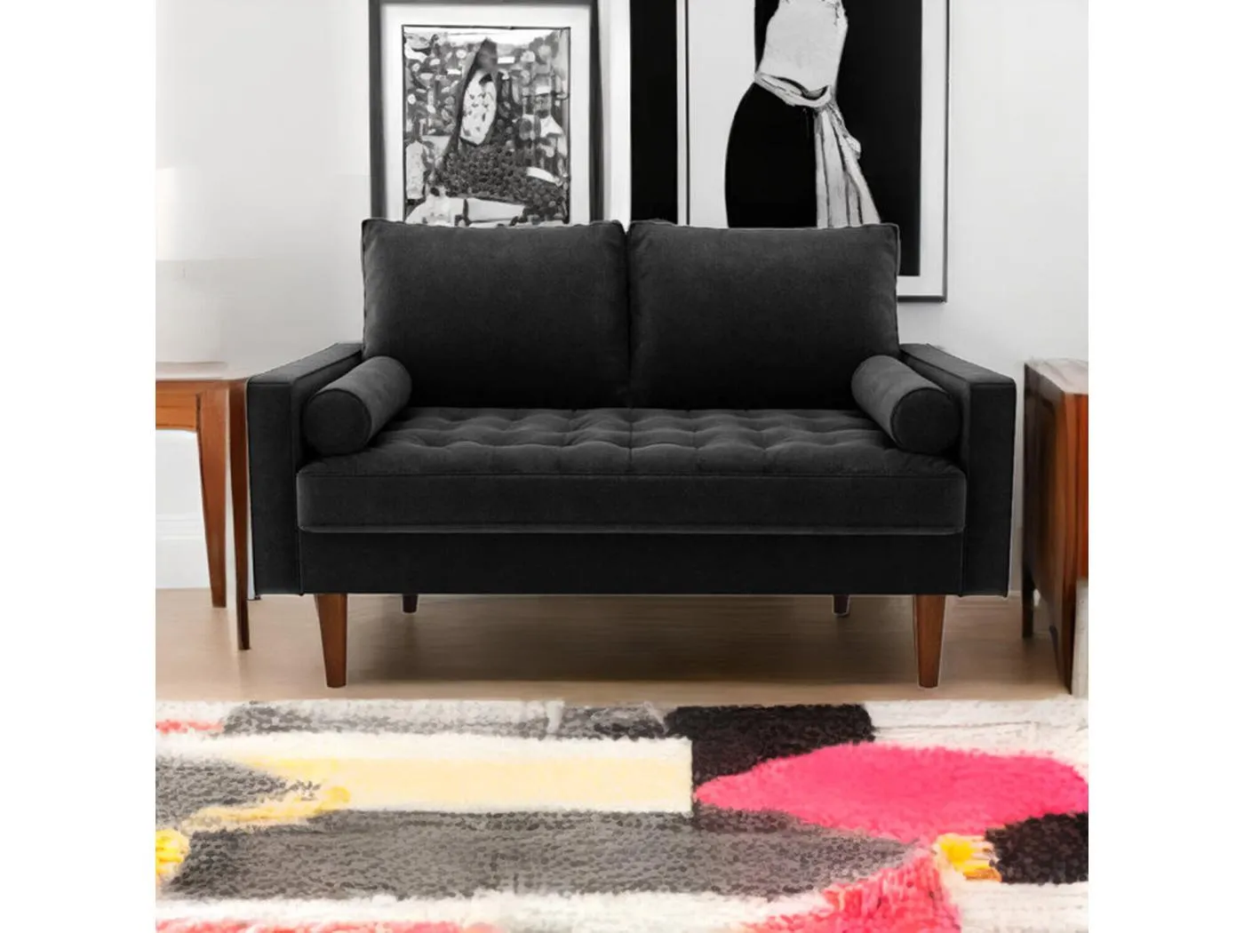 2 -seerer schwarzes Samtsofa, modernes Wohnzimmersofa, mit sich verjüngten Armlehnen und Füßen, einem unteren Rücken - 148,5 x 78 x 85 cm