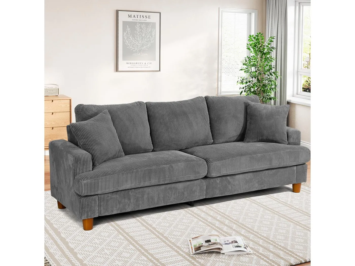 3 -seerer gerippte Samtsofa, große moderne gepolsterte rechte Sofa mit zusätzlichen tiefen Sitzen von 53 cm - 2 Kissen - 220x76x84cm - Grau grau