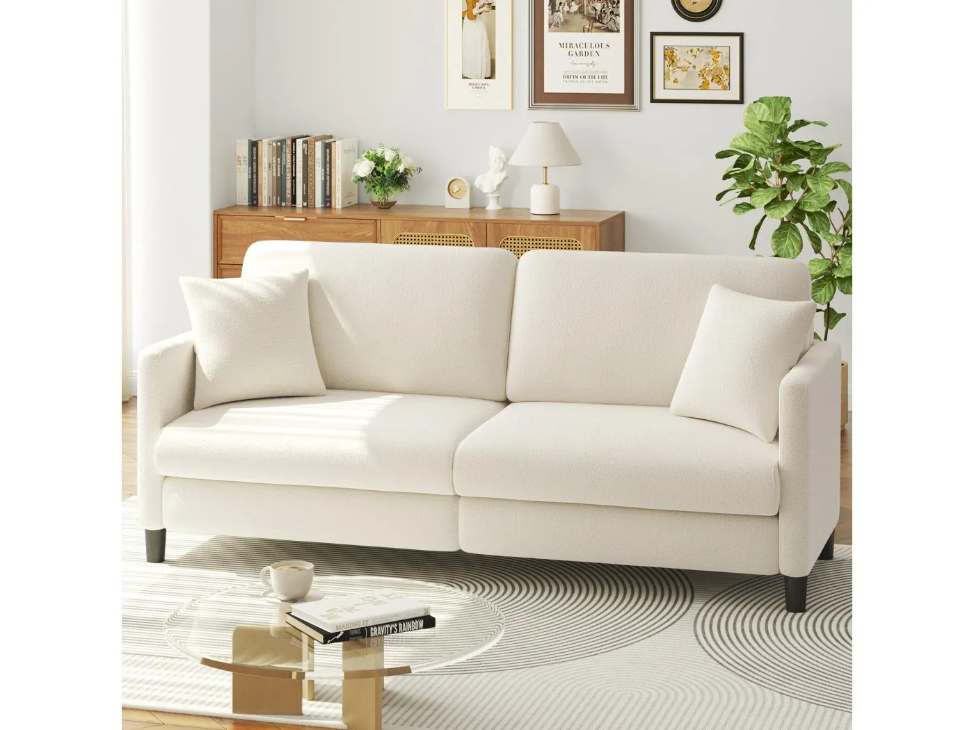 3 Sitzoter -Sofa in Teddy Samt, rechter Komfortsofa in Massivholz, Liebesseat mit Armlehnen, 193x79x89cm, Beige, Beige