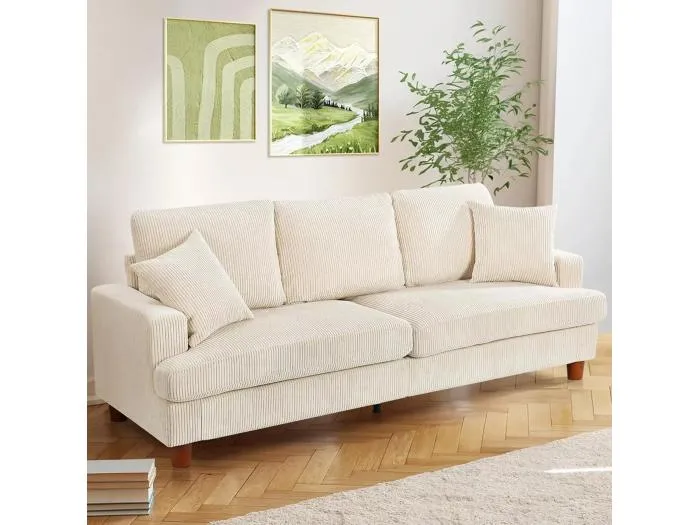 3-Sitzer Sofa in beigem Rippensamt, großes gerades Sofa, extra tiefe Sitzflächen (53 cm), mit 2 Kissen - 220x76x84 cm