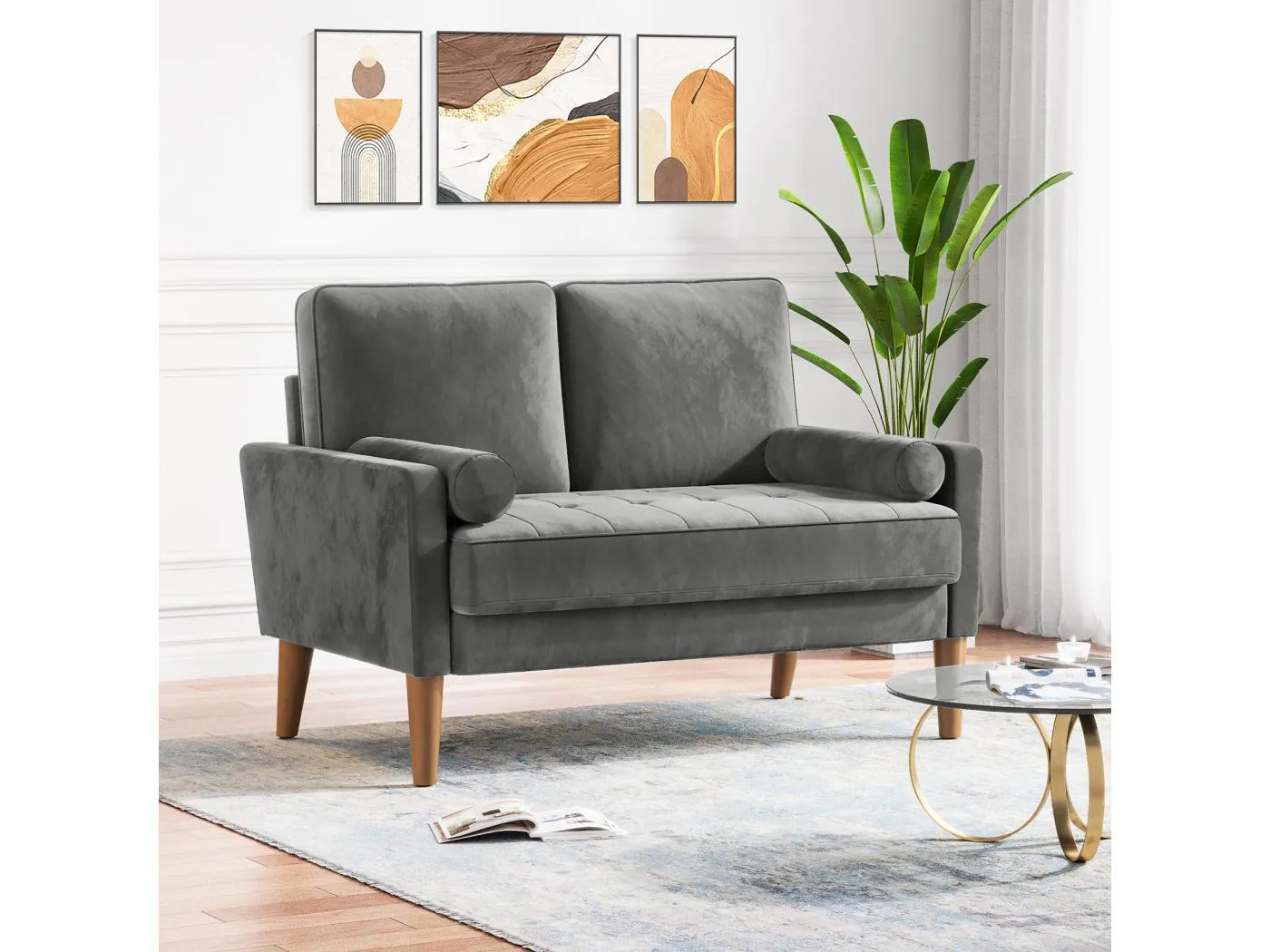 Sofa mit 2 skandinavischem 2 -Sitzer, Mini gerolltem Arm -Sofa im Liebessitz Samt, Wohnzimmer Sessel mit Armlehnen, 121x77x87cm - Grau