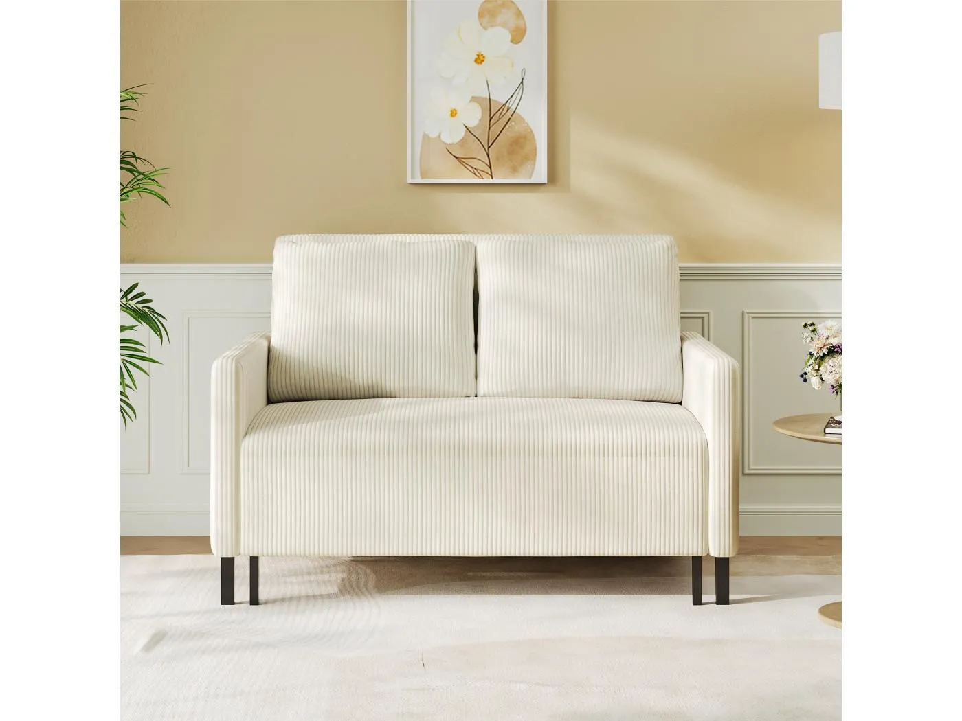2-Sitzer Cabrio-Sofa-Klick-Klick, in beige gerippter Samt, 170 cm Schlaf, 10 cm Matratze für Studio/Wohnzimmer/Schlafzimmer