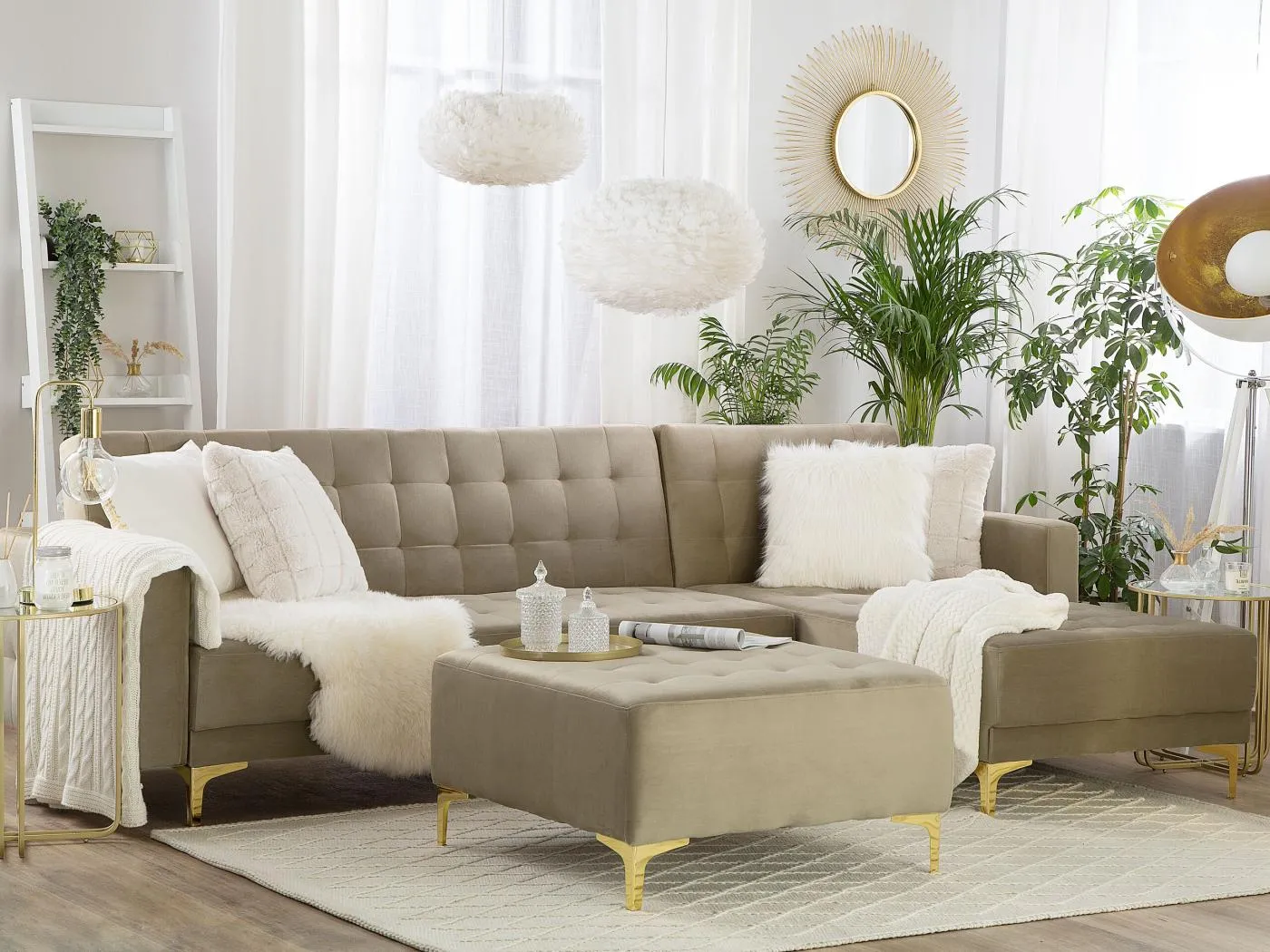 4-Sitzer Schlafsofa Samtstoff sandbeige linksseitig mit Ottomane Aberdeen