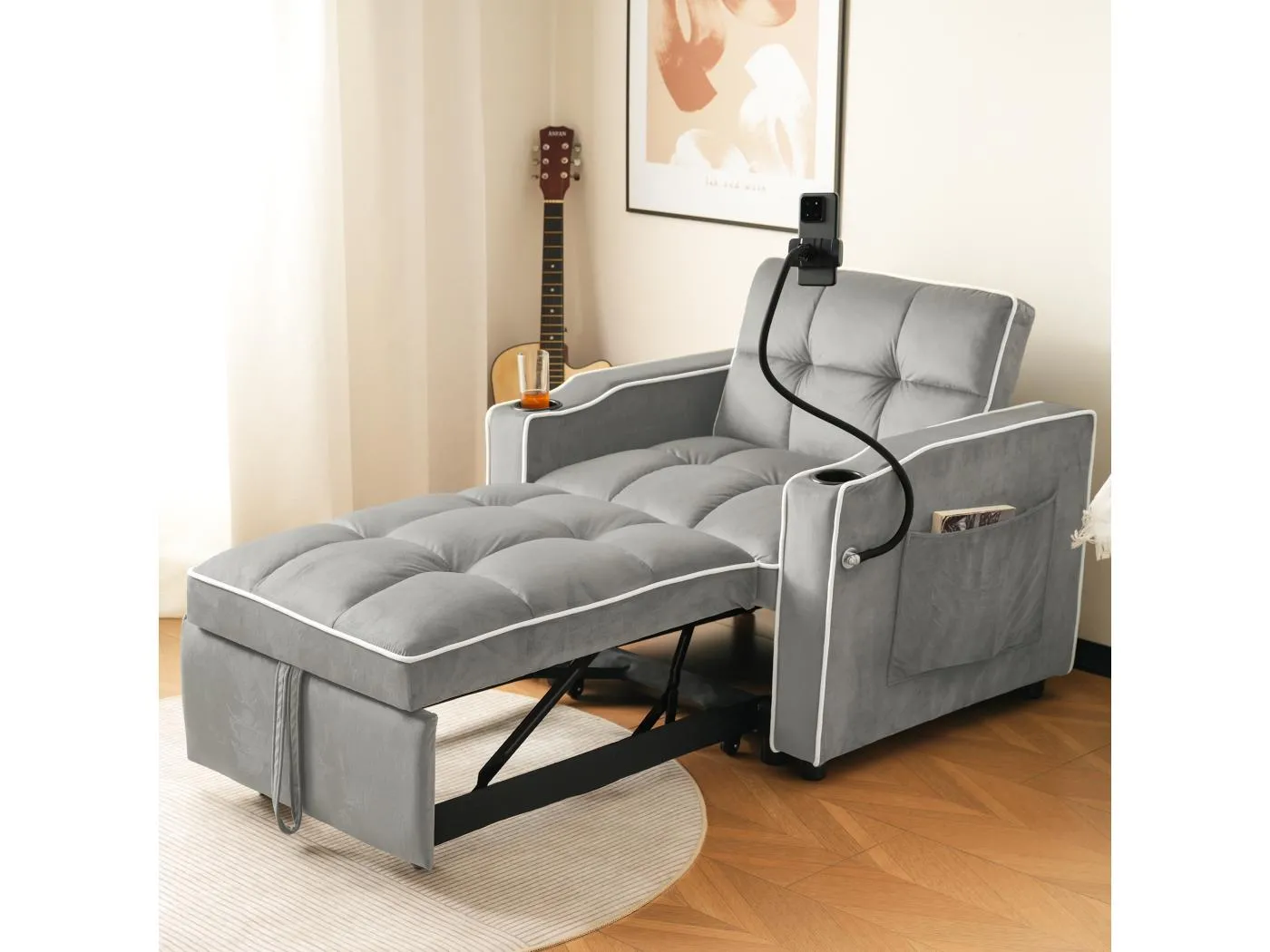 1-Sitzer-Schlafsofa mit Getränkehaltern und Telefonhalter - 83 x 75 x 167 cm - Samt - Grau