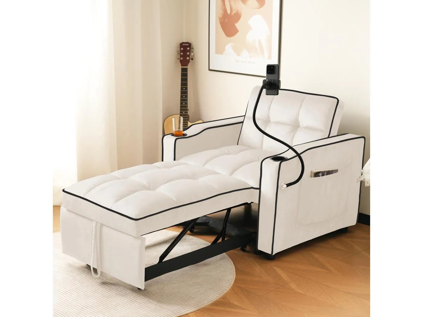 1-Sitzer-Schlafsofa mit Getränkehaltern und Telefonhalter - 83 x 75 x 167 cm - Samt - Beige