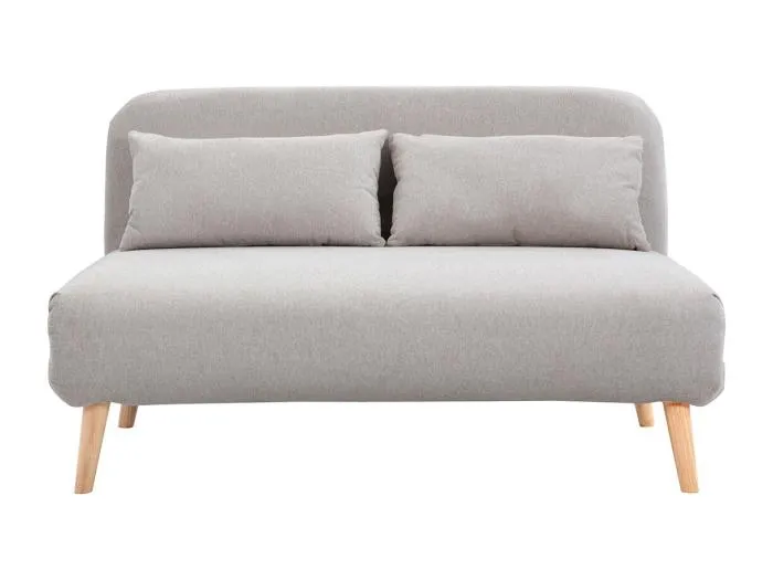 Zweisitzer-Schlafsofa aus beigem Textur-Veloursstoff und hellem Holz AMIKO