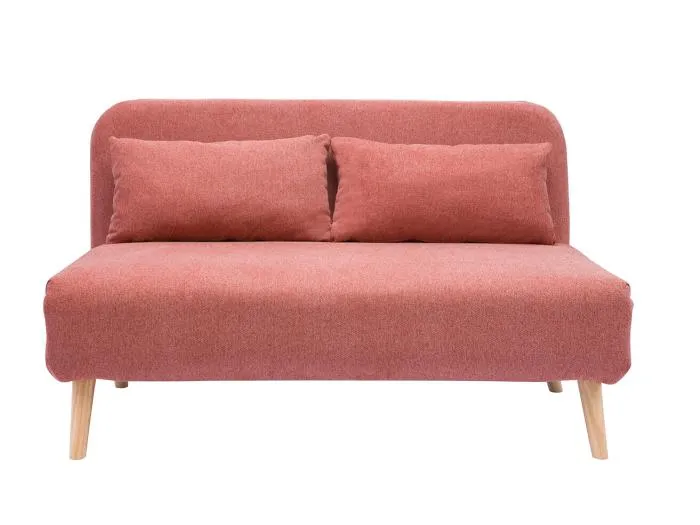 Zweisitzer-Schlafsofa aus terrakotta-farbenem samtigem Strukturstoff und hellem Holz AMIKO