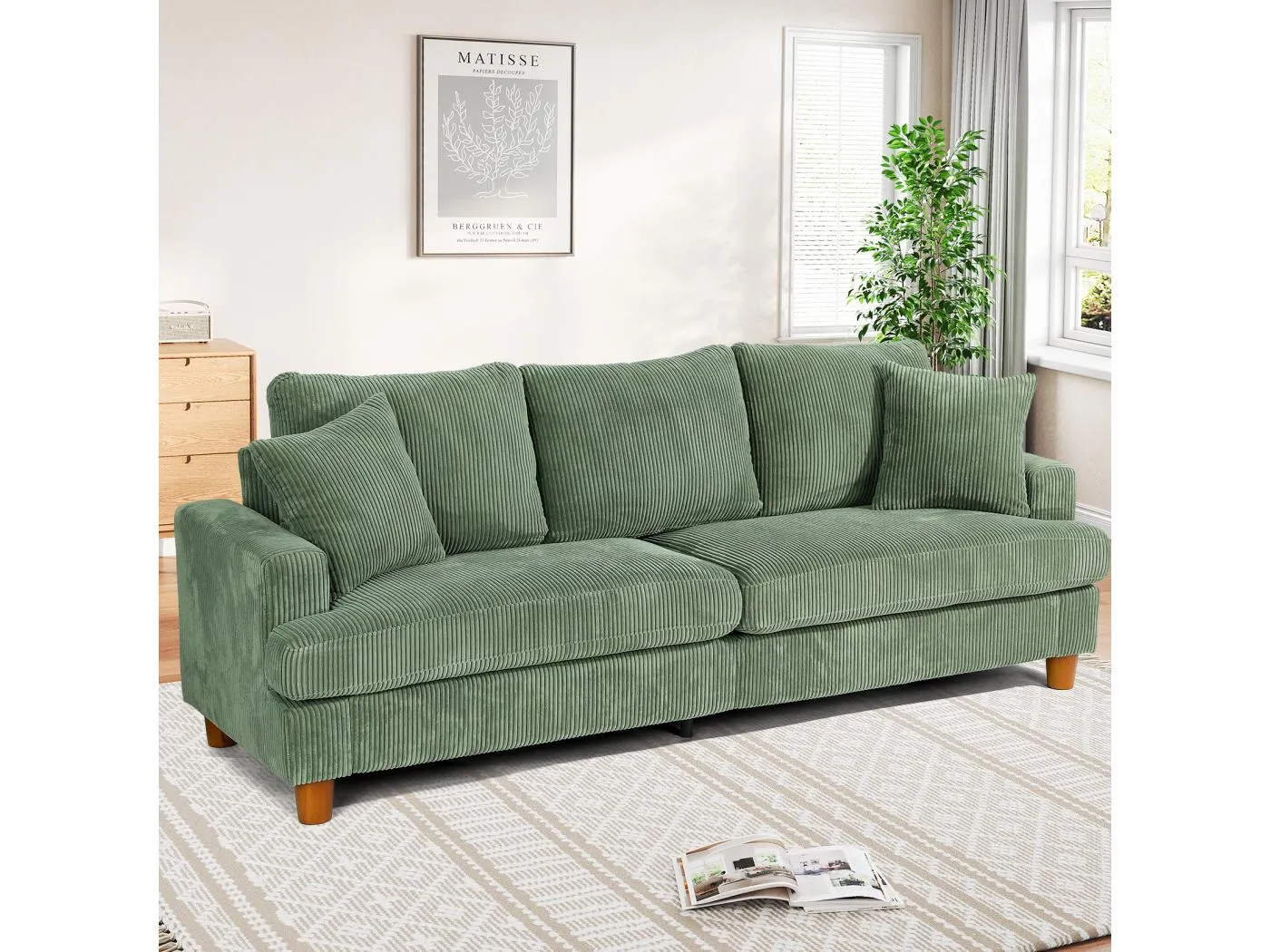 3 -seerer gerippte Samtsofa, große moderne gepolsterte rechte Sofa mit zusätzlichen tiefen Sitzen von 53 cm - 2 Kissen - 220x76x84cm - Grün