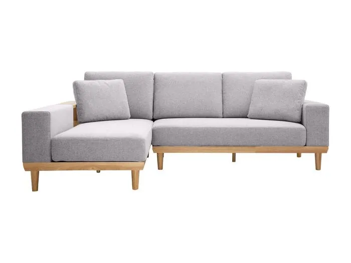 Ecksofa 5-Sitzer mit Stauraum hellgrauer Stoff mit strukturiertem Samteffekt und helles Holz KOMAO.