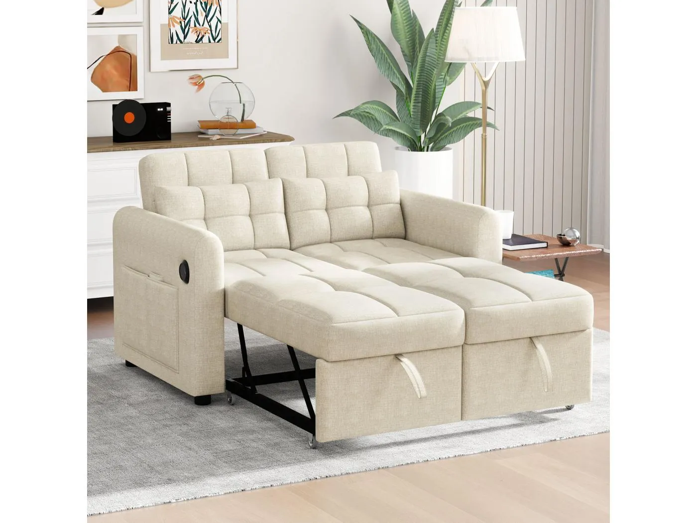 2-Sitzer Schlafsofa in Leinenstoff mit verstellbarer Rückenlehne und USB-Anschluss, Schlafsofa - 142 x 85 x 83 cm - Schlaffunktion - Beige