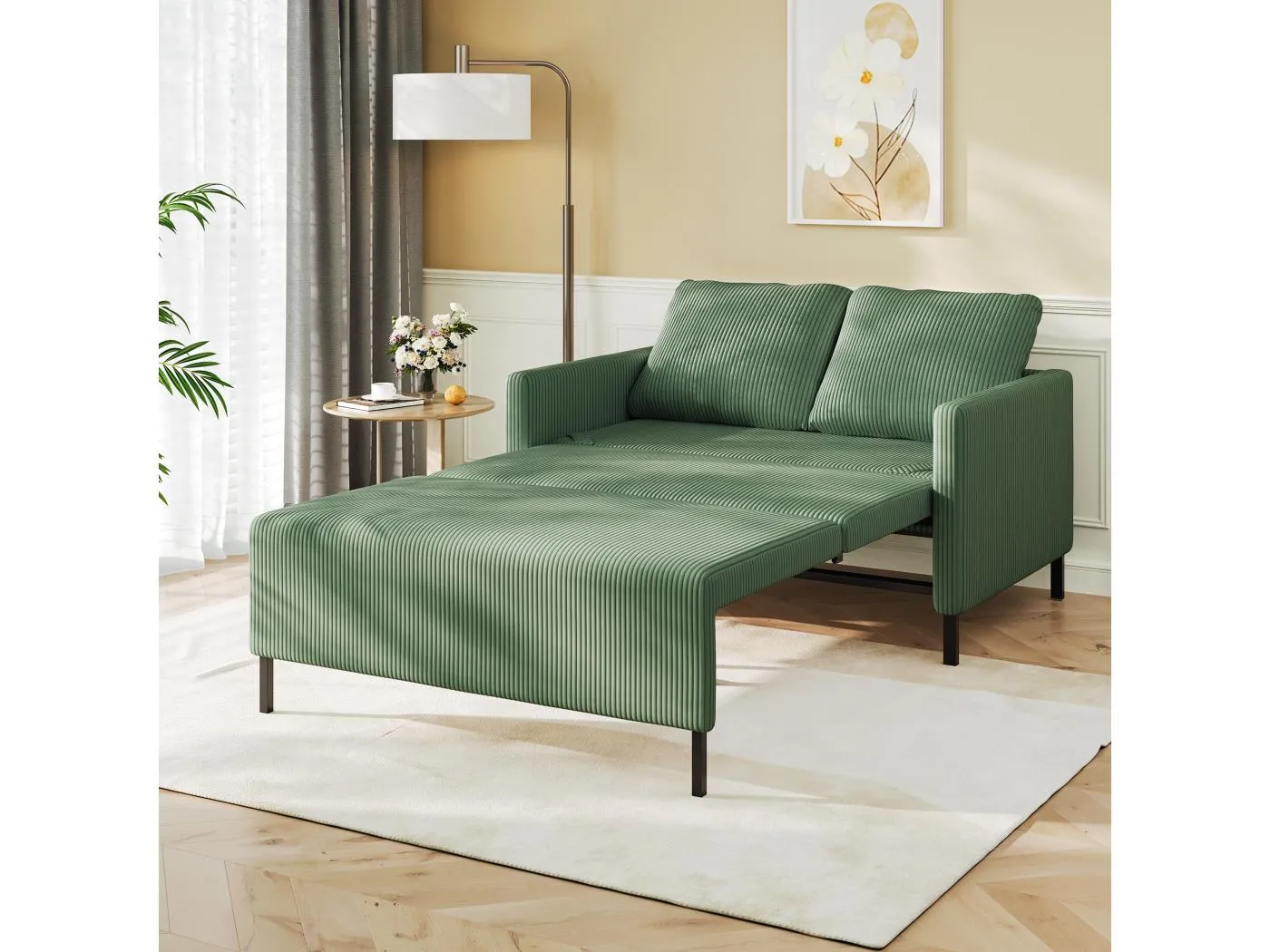 2-Sitzer Cabrio-Sofa-Klick-Klick, in grün gerippter Samt, 170 cm Schlaf, 10 cm Matratze, für Studio/Wohnzimmer/Schlafzimmer