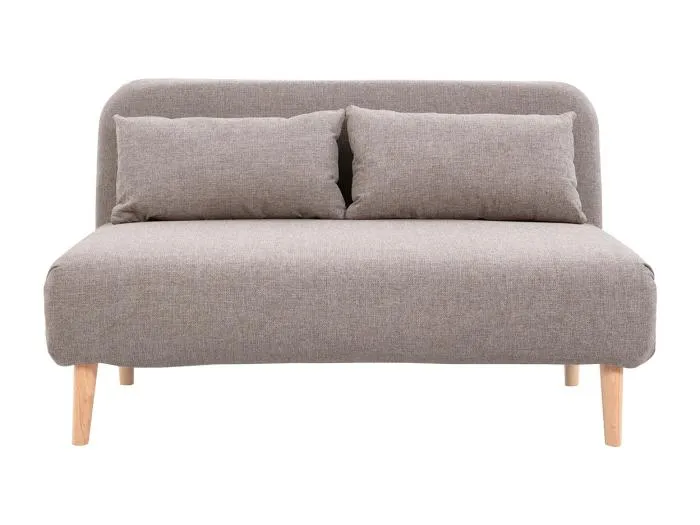 Zweisitzer-Schlafsofa aus taupefarbenem Stoff und hellem Holz AMIKO