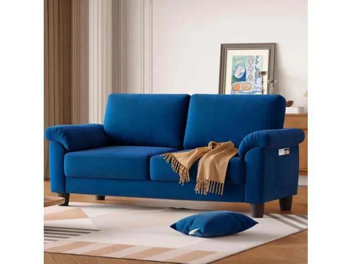 Wohnzimmersofa 2 Platz im Gleisstoff, modernes Sofa in der Mitte des Jahrhunderts, mit Aufbewahrungsbeutel, 178x75x87cm, blau