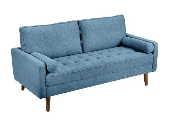 3 -Seerer -Sofa im blauen Leinenstoff - Skandinavier - mit 2 Kissen und Armlehnen - Massive Holzfüße - 173x77x84cm
