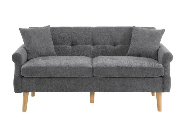 Sofa für 2 Personen in Chenille-Stoff grau - mit 2 Kissen - gepolsterte Armlehnen - 20 cm massive Holzfüße -162x74x77cm