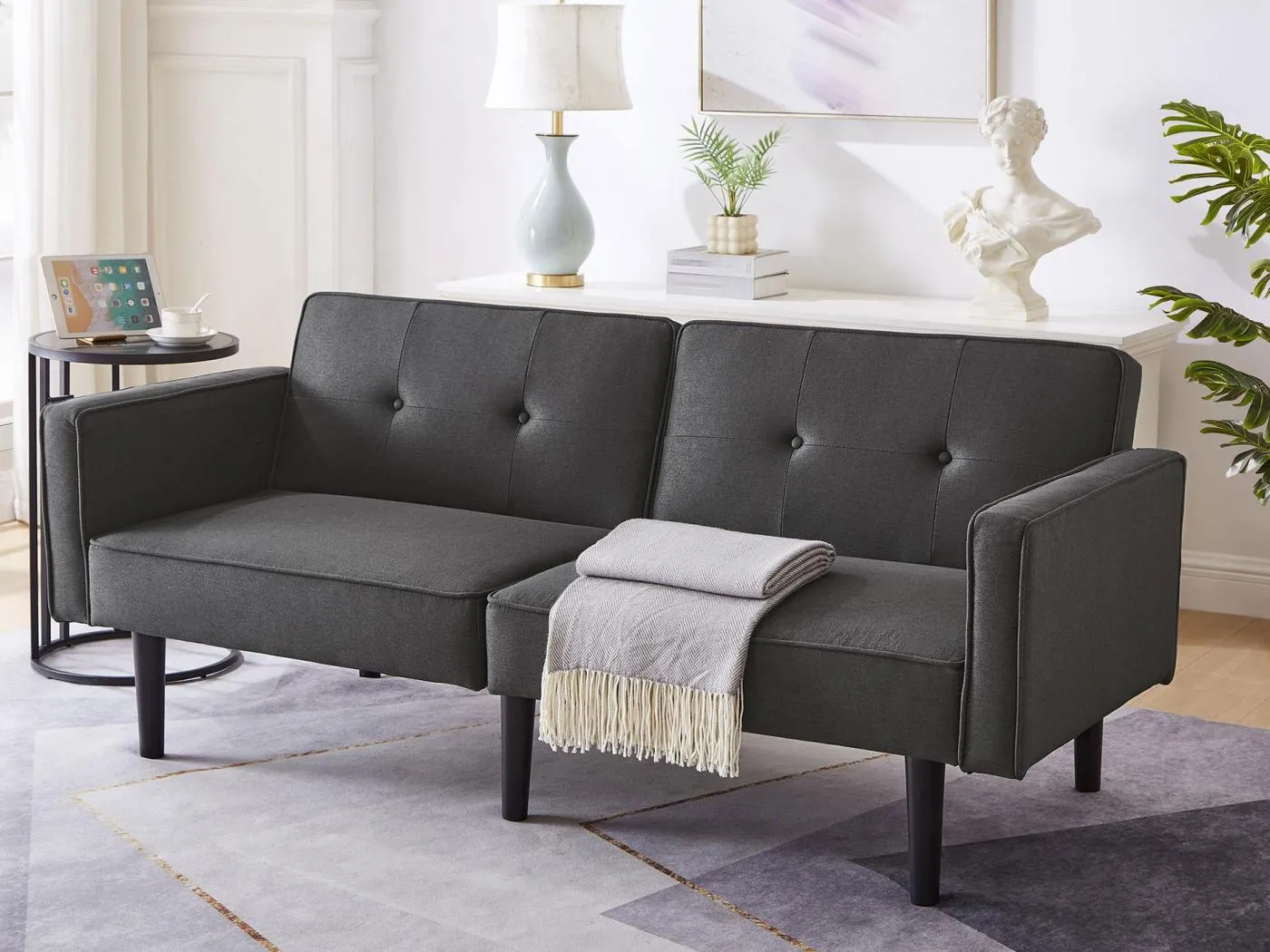 2-in-1-Sofa (176x76x74 cm) - Chaiselongue - Doppelt verstellbare Rückenlehne - Schlaffunktion - Baumwoll-Leinen-Stoff - Hochdichteschaum - Schwarz